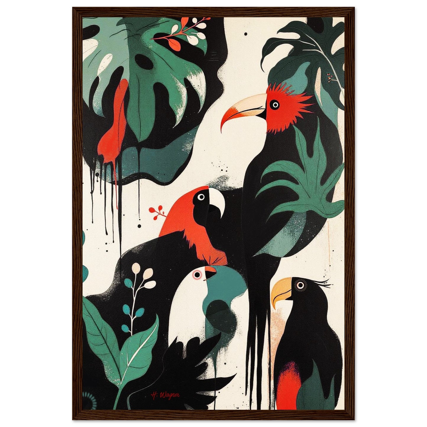 Mid-Century Modern Exotic Bird Art Poster Print - Framed Tropical Parrot Wall Décor Dark Brown Wood Frame 30x45 cm 12x18″ Premium Matte Wooden Framed Poster