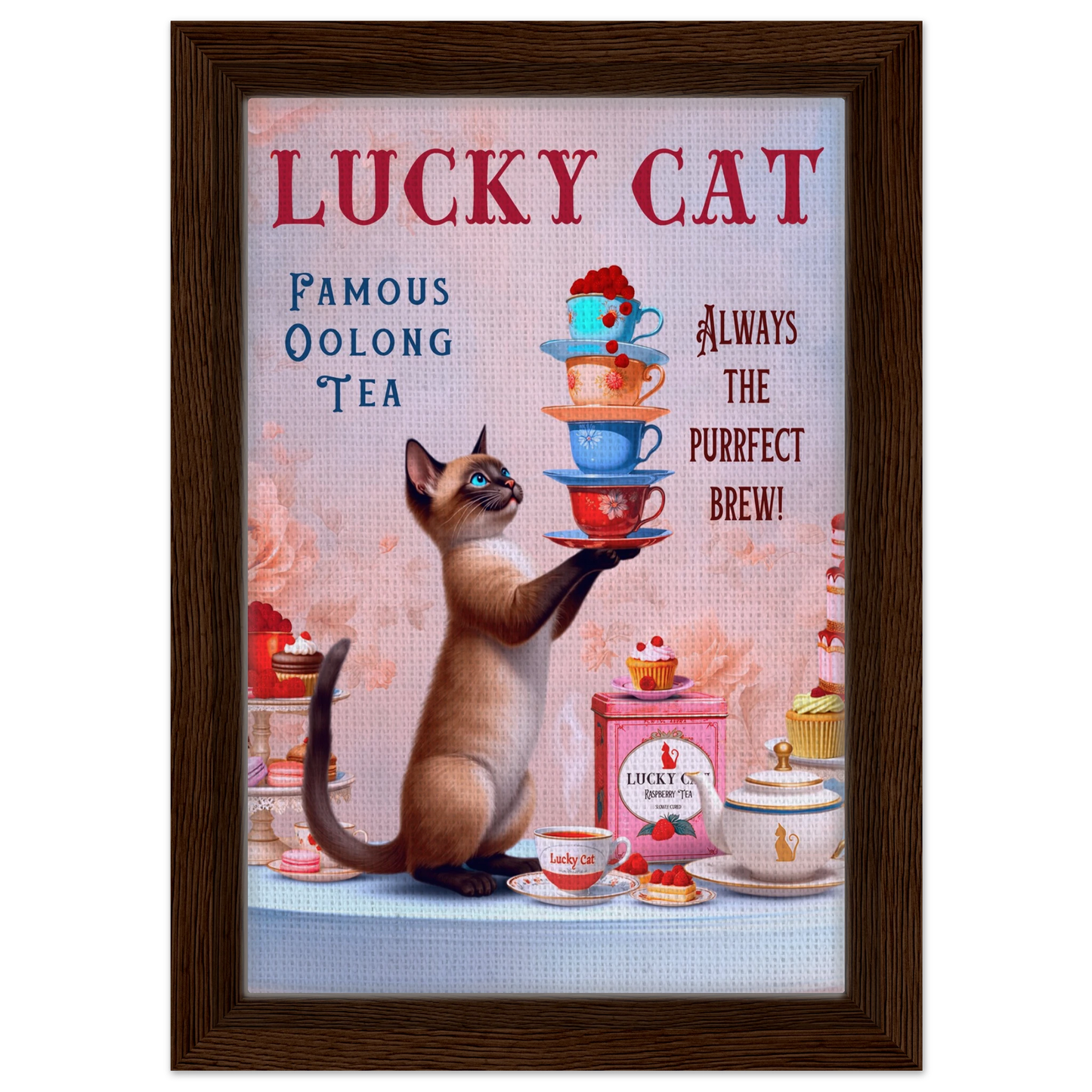 Siamese Lucky Cat Vintage Tea Art Print 20x30 cm 8x12″ Framed Canvas Dark Brown Wood Frame