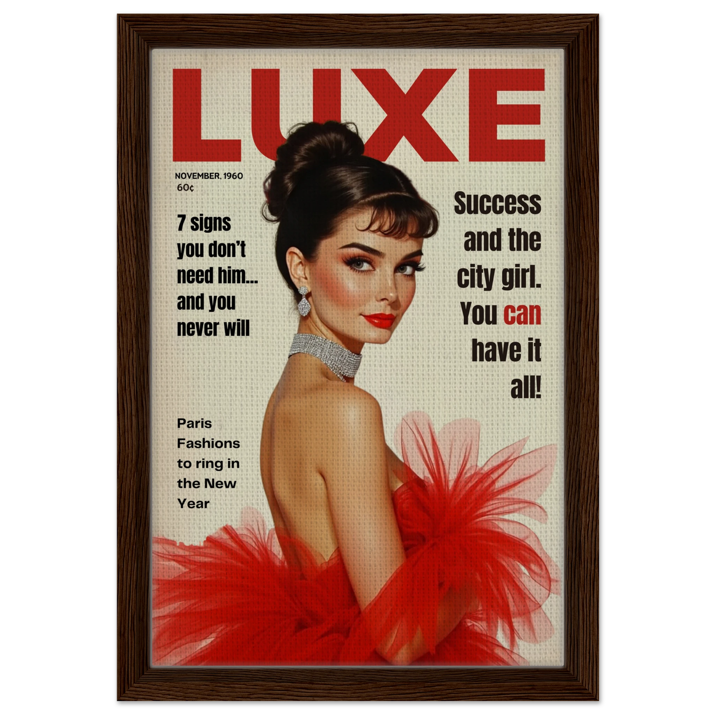Audrey Hepburn Vintage Fashion Art Print Dark Brown Wood Frame 30x45 cm 12x18″ Framed Canvas