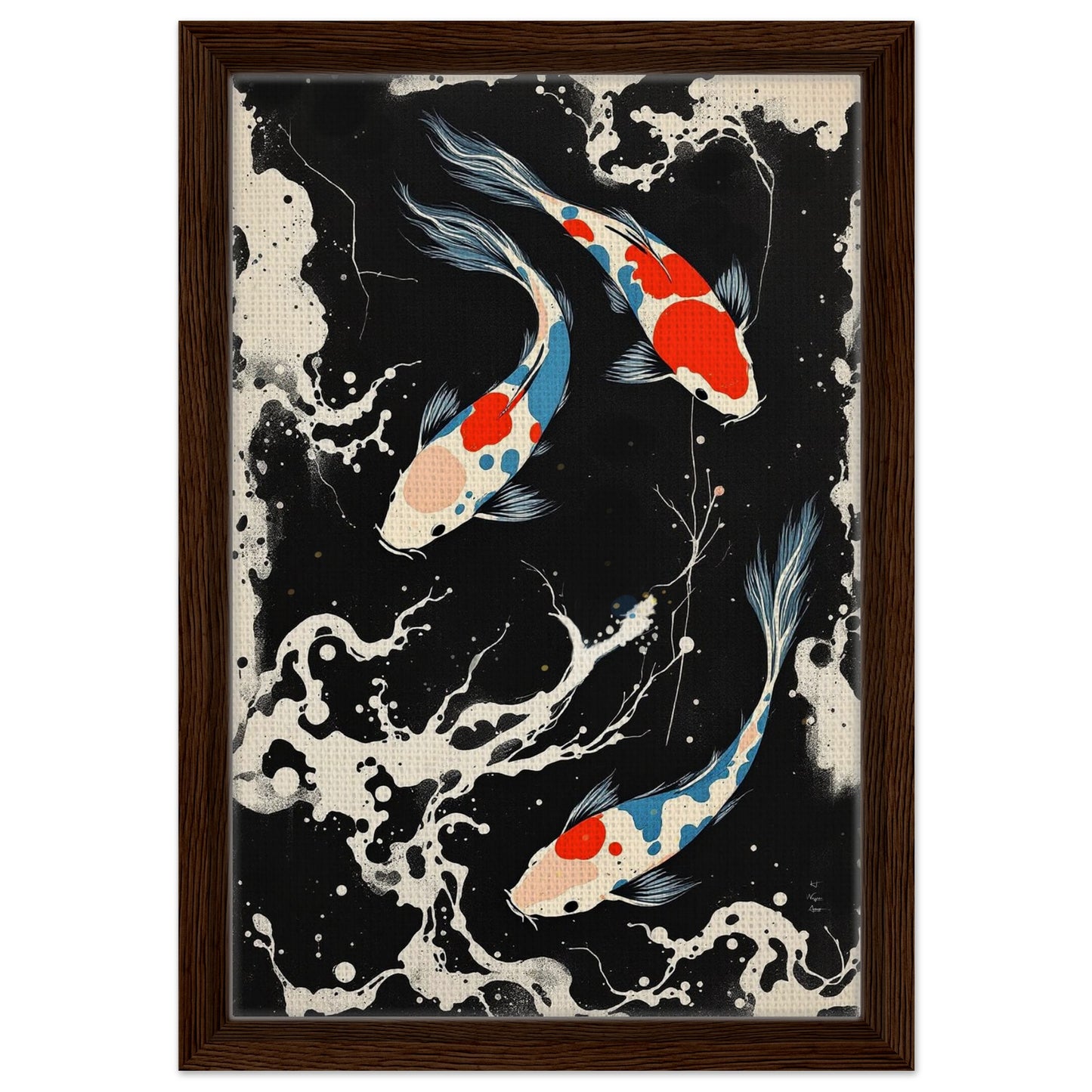 Modern Black White Koi Fish Ocean Art Print 30x45 cm 12x18″ Framed Canvas Dark Brown Wood Frame