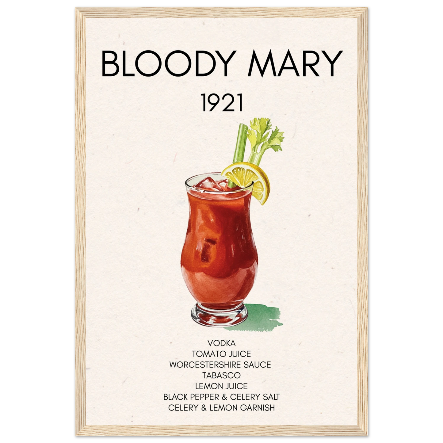 Bloody Mary Cocktail Bar Poster Print Light Wood Frame 30x45 cm 12x18″ Premium Matte Paper Wooden Framed Poster