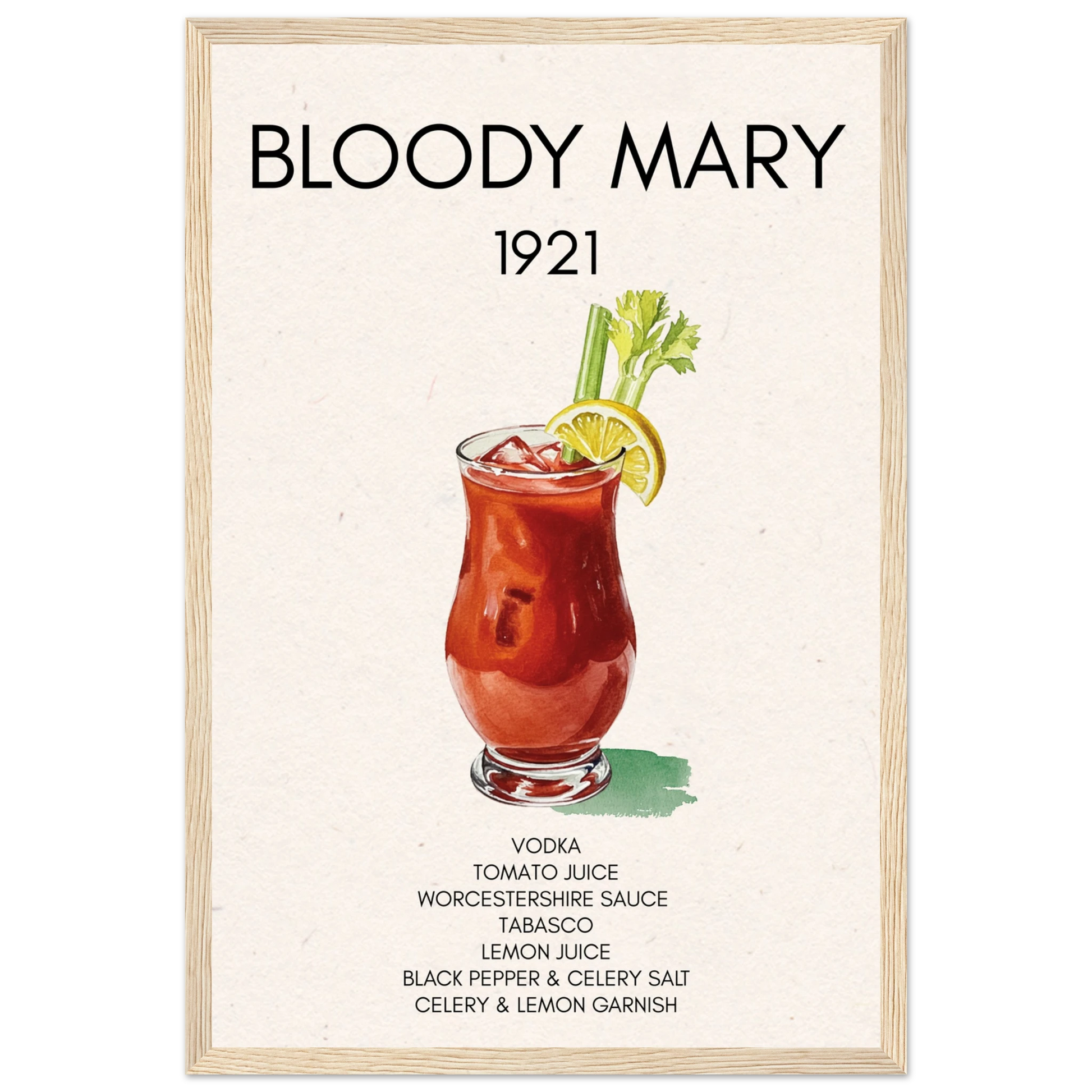 Bloody Mary Cocktail Bar Art Print Light Wood Frame 30x45 cm 12x18″ Premium Matte Paper Wooden Framed Poster