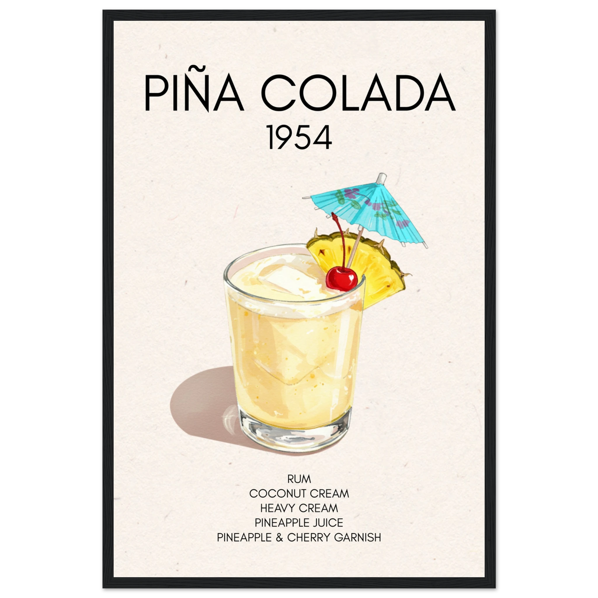 Pina Colada Cocktail Bar Poster Print Black Wood Frame 40x60 cm 16x24″ Premium Matte Paper Wooden Framed Poster
