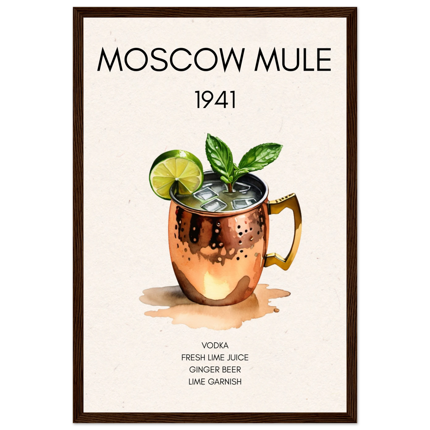 Moscow Mule Cocktail Bar Poster Print Dark Brown Wood Frame 30x45 cm 12x18″ Classic Matte Paper Wooden Framed Poster
