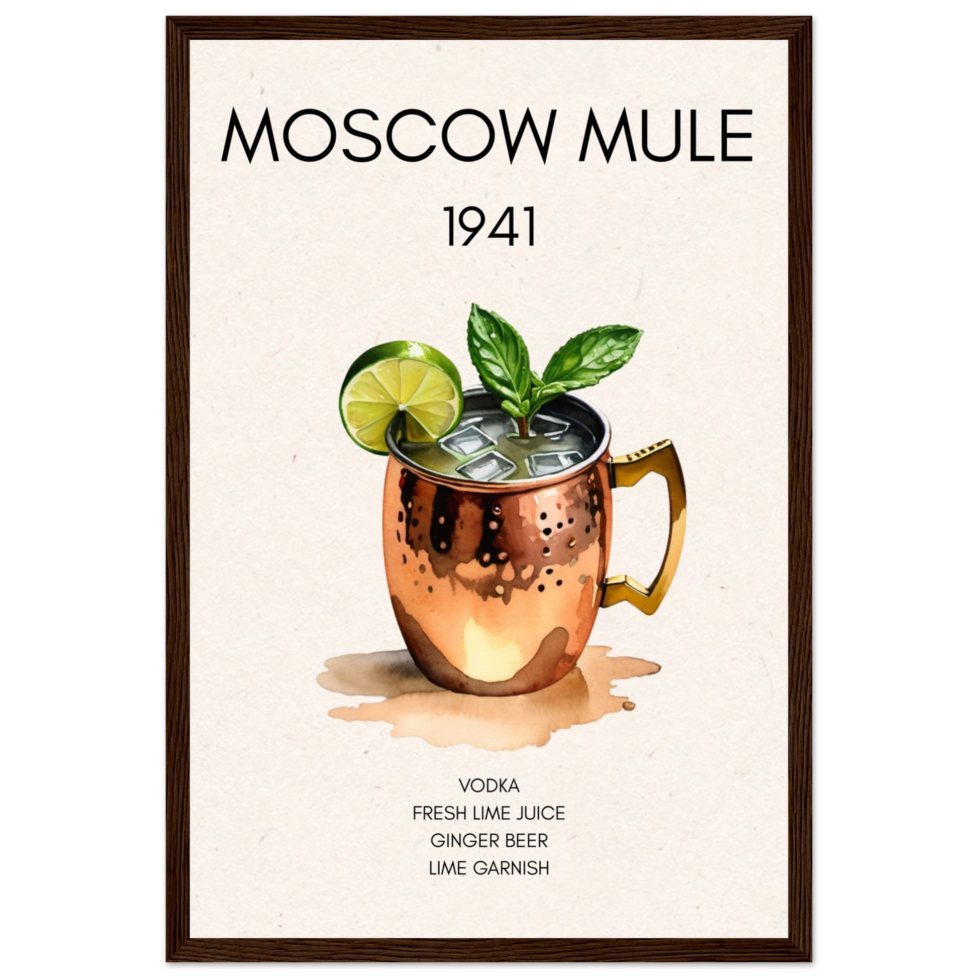 Moscow Mule Cocktail Bar Poster Print Dark Brown Wood Frame 30x45 cm 12x18″ Classic Matte Paper Wooden Framed Poster