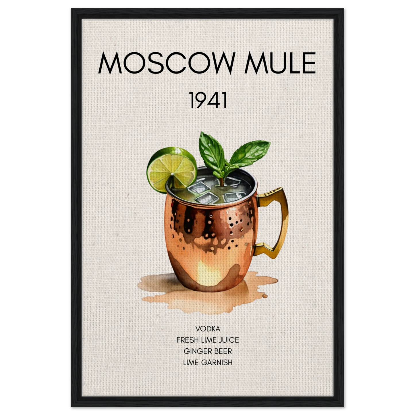 Moscow Mule Cocktail Bar Poster Print Black Wood Frame 60x90 cm 24x36″ Framed Canvas