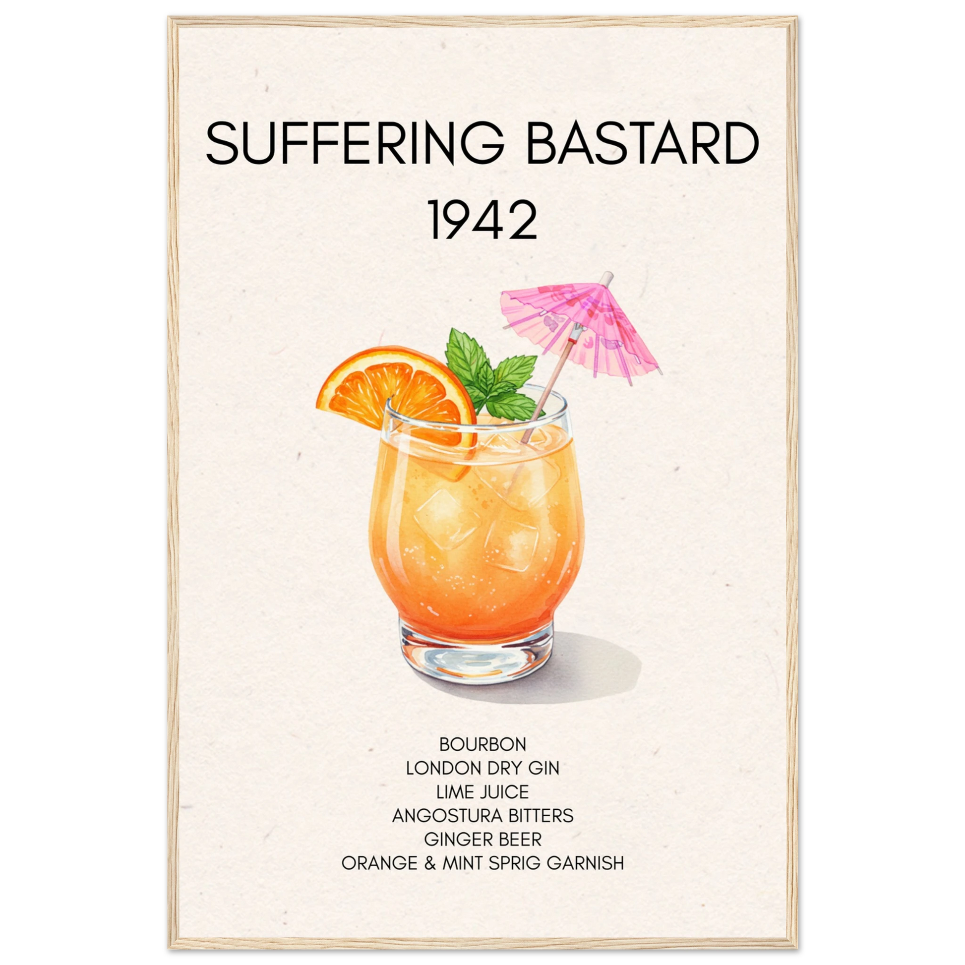 Suffering Bastard Tiki Cocktail Bar Poster Print Light Wood Frame 60x90 cm 24x36″ Premium Matte Paper Wooden Framed Poster