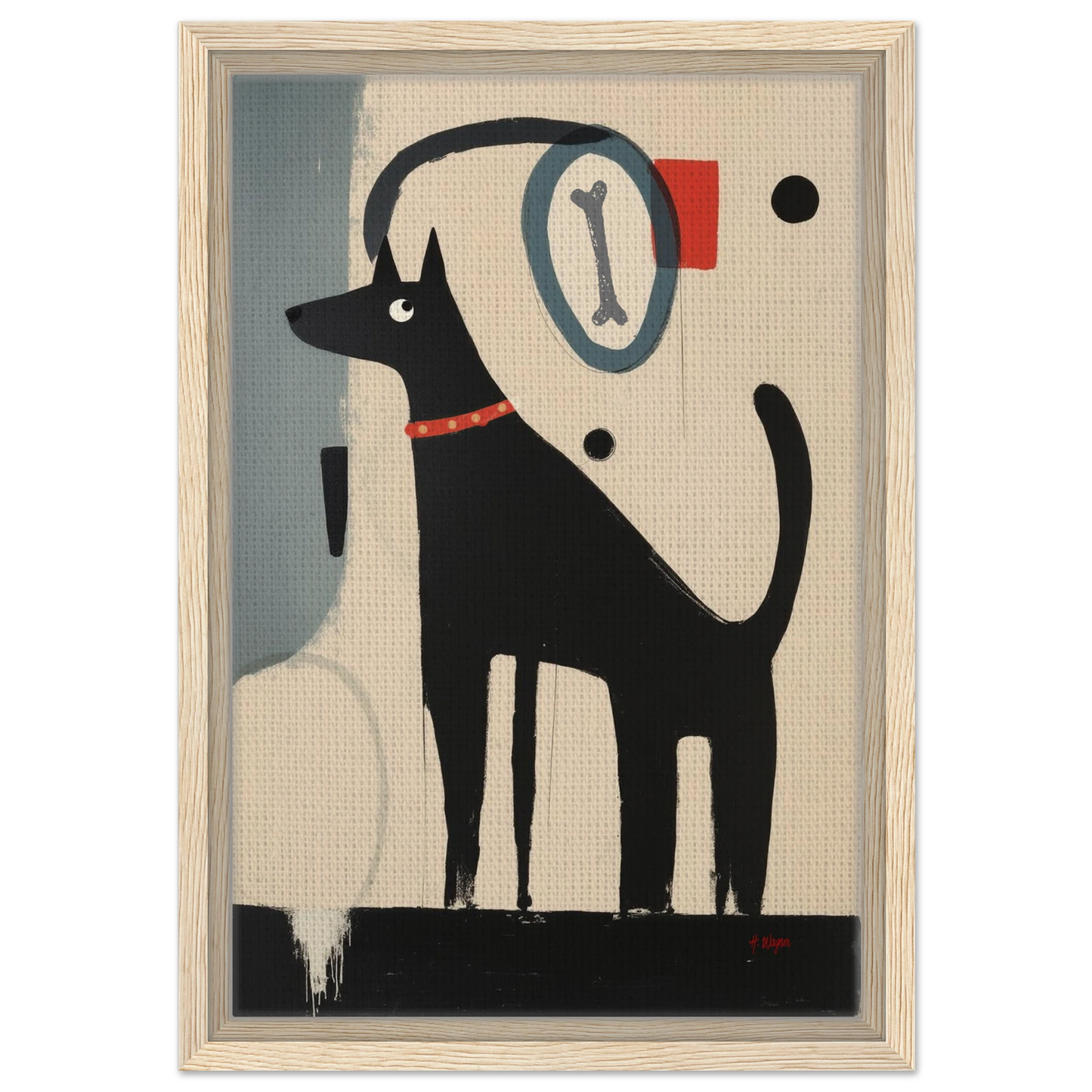 Quirky Modern Dog Art Print 30x45 cm 12x18″ Framed Canvas Light Wood Frame
