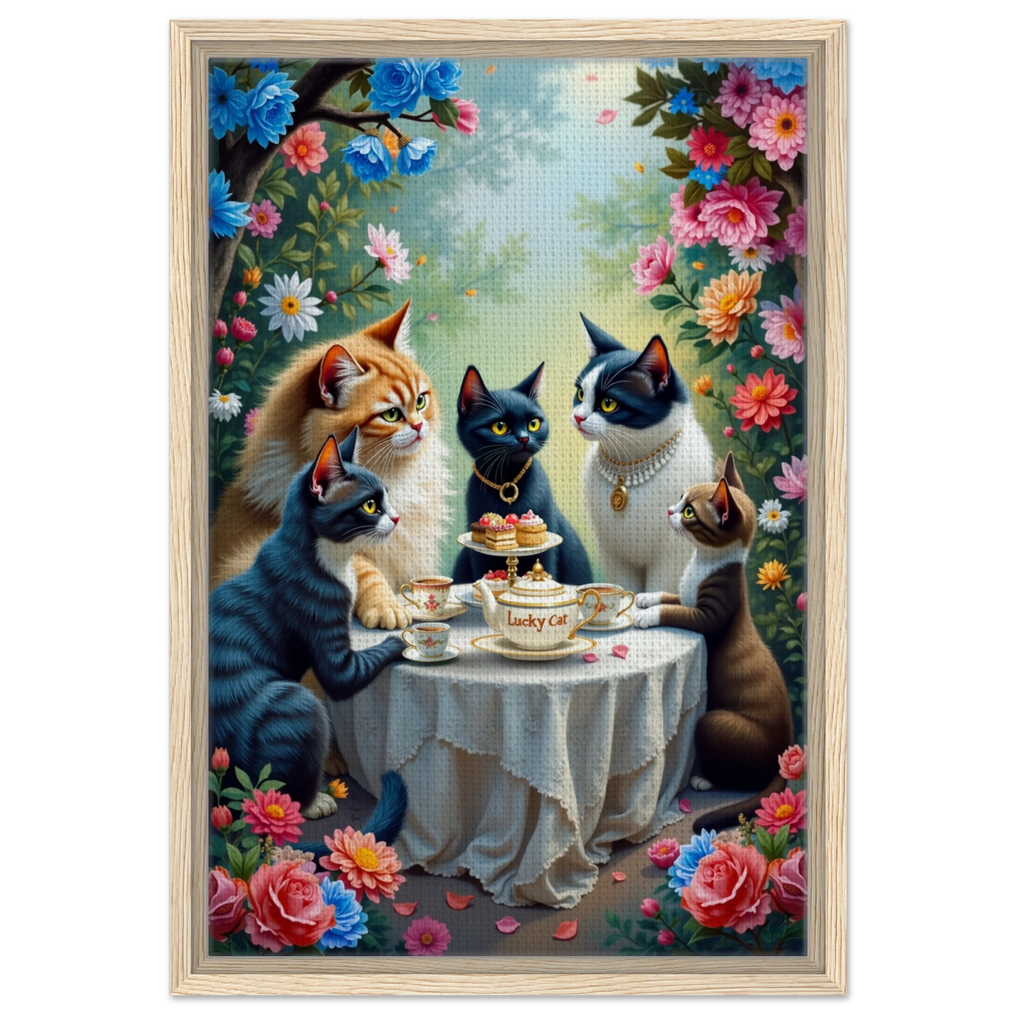Lucky Cat Tea Party Botanical Art Print 40x60 cm 16x24″ Framed Canvas Light Wood Frame