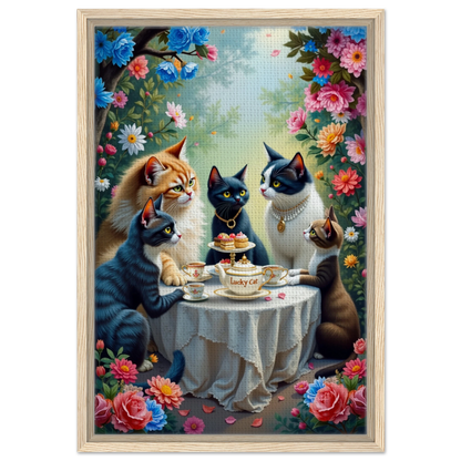 Lucky Cat Tea Party Botanical Art Print 40x60 cm 16x24″ Framed Canvas Light Wood Frame