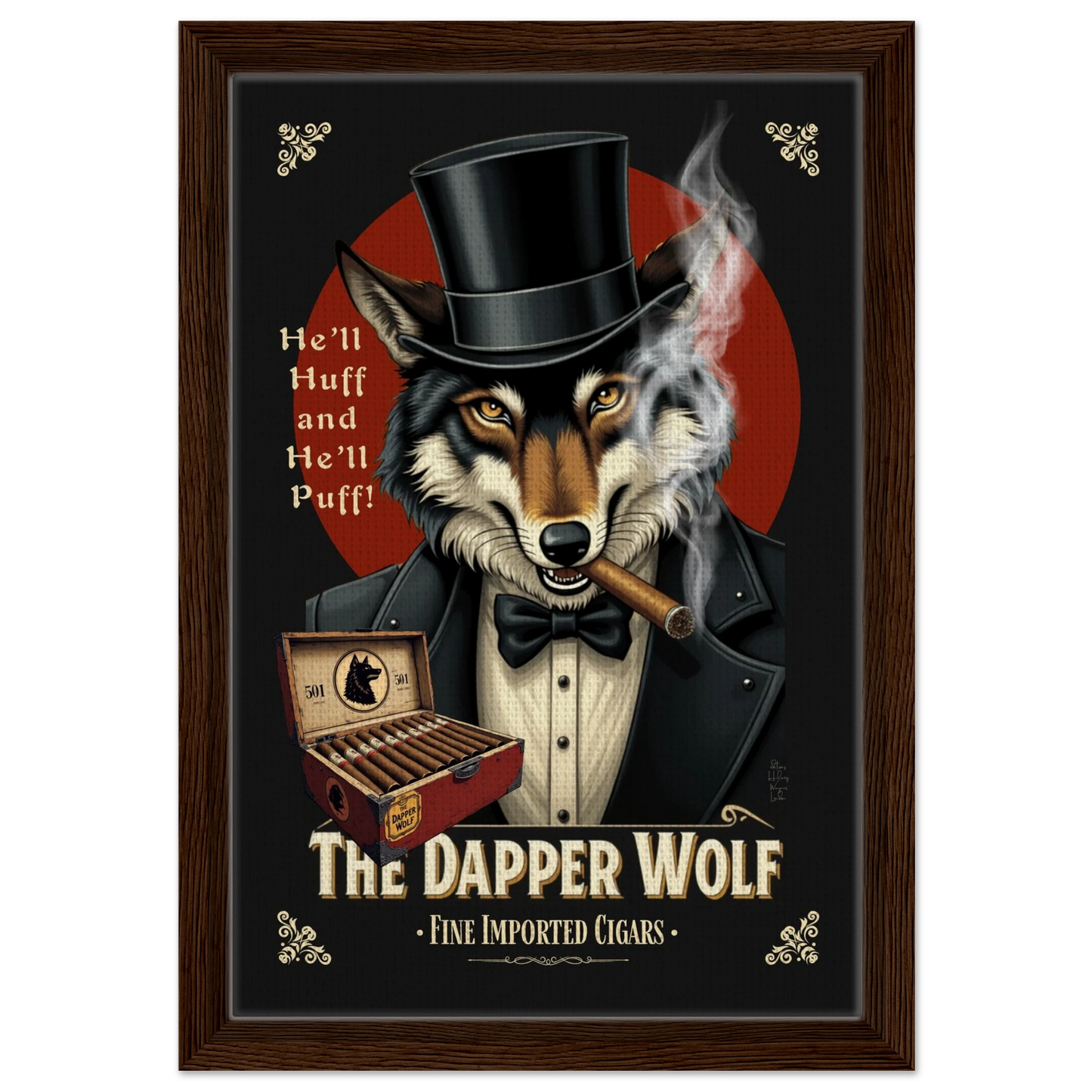 Smoking Wolf Retro Cigar Art Print 30x45 cm 12x18″ Framed Canvas Dark Brown Wood Frame