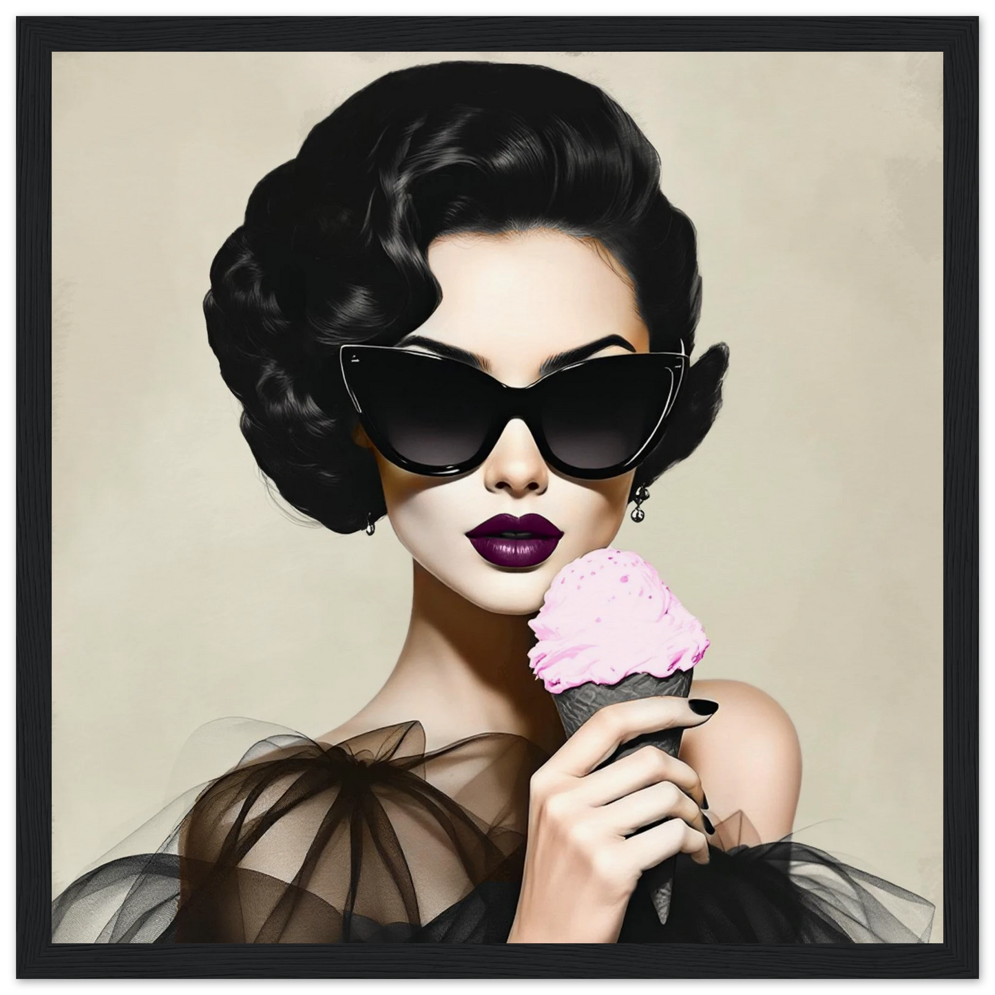 Retro Fashion Model Ice Cream Art Print 30x30 cm 12x12″ Museum-Quality Matte Wooden Framed Poster