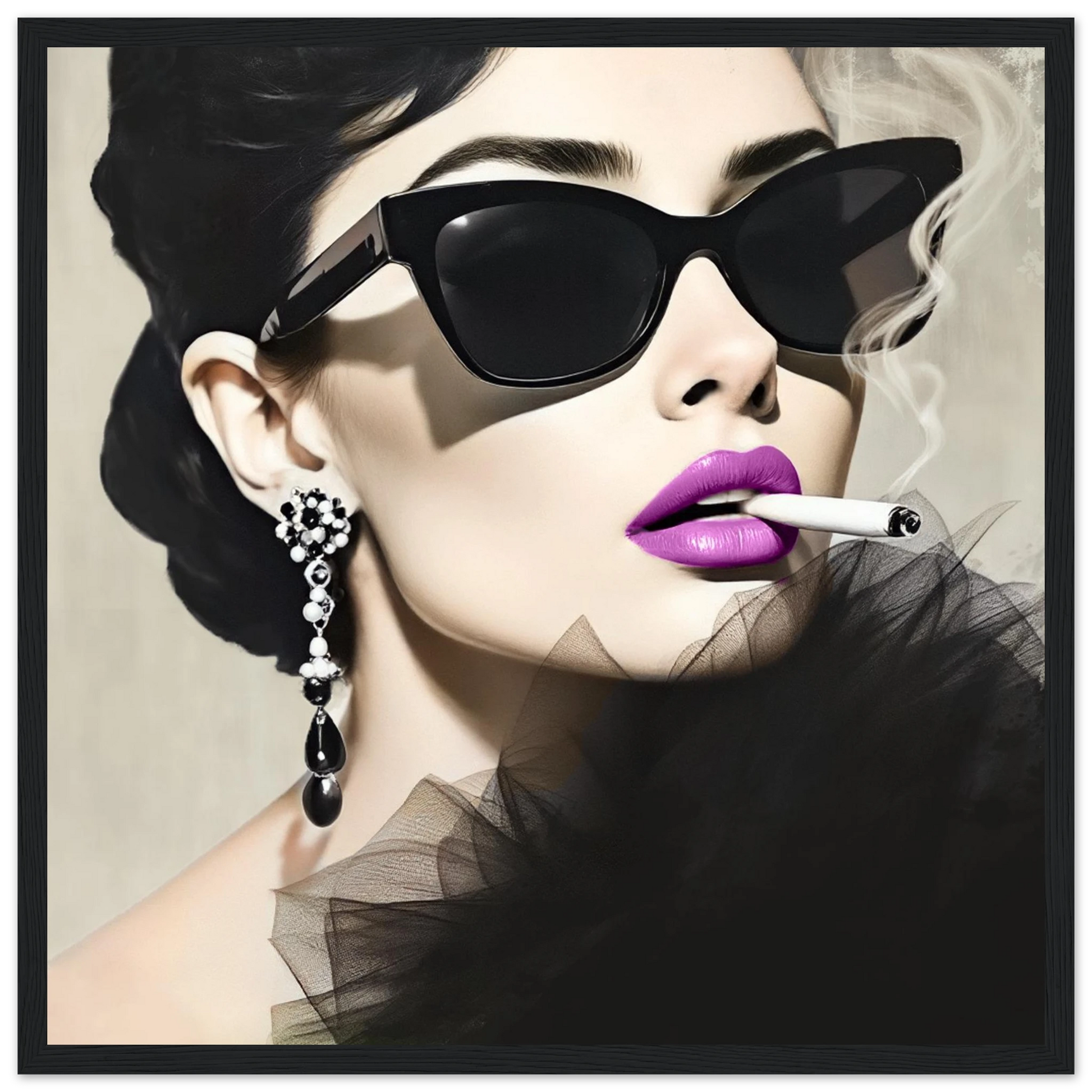 Smoking Girl Retro Fashion Model Art Print 40x40 cm 16x16″ Premium Matte Wooden Framed Poster