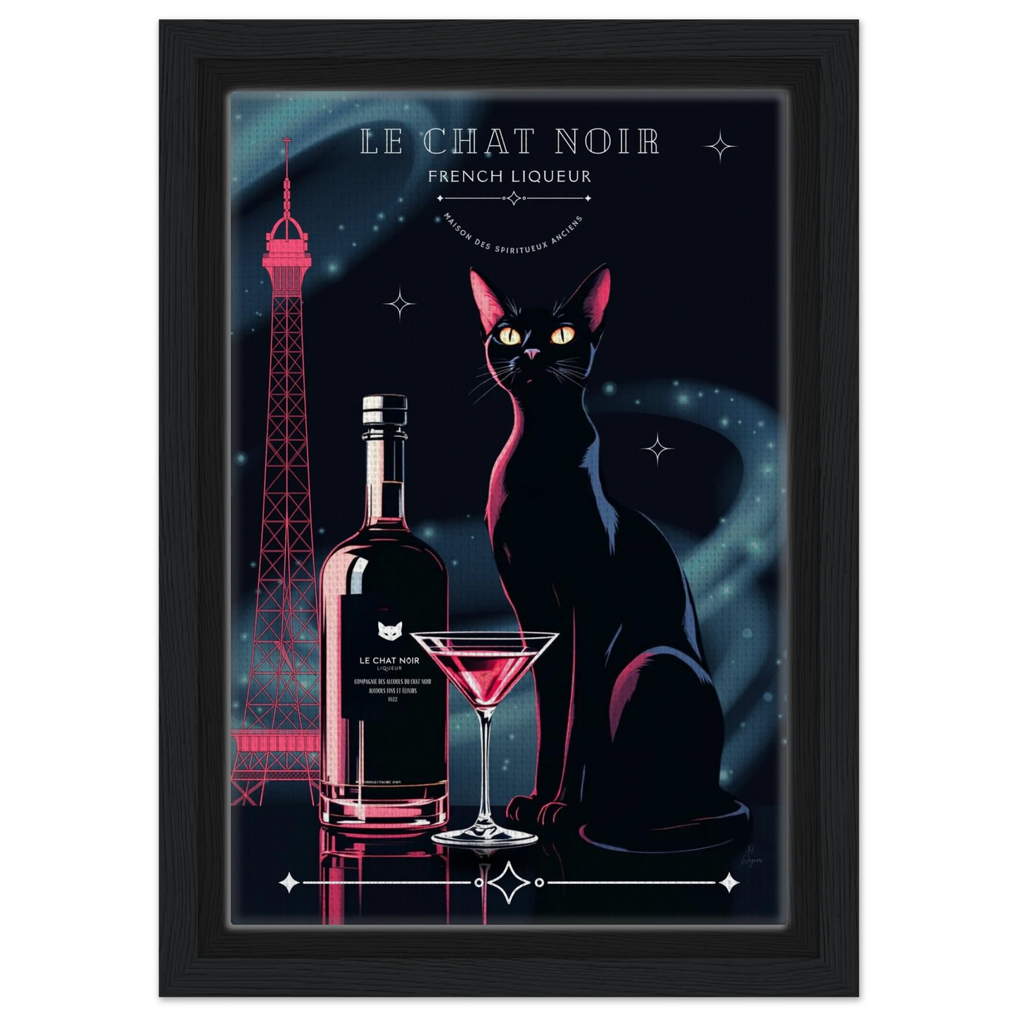 Art Deco Le Chat Noir French Black Cat Art Print 20x30 cm 8x12″ Framed Canvas Black frame