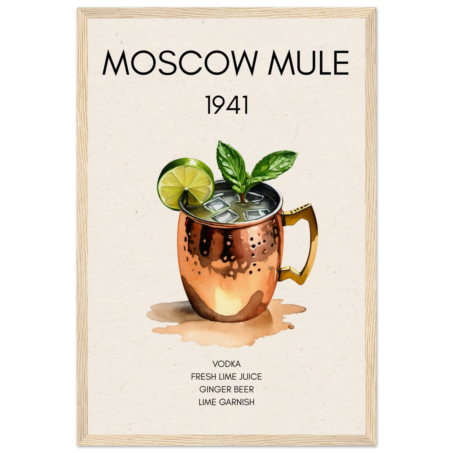 Moscow Mule Cocktail Bar Poster Print Light Wood Frame 30x45 cm 12x18″ Museum-Quality Matte Paper Wooden Framed Poster