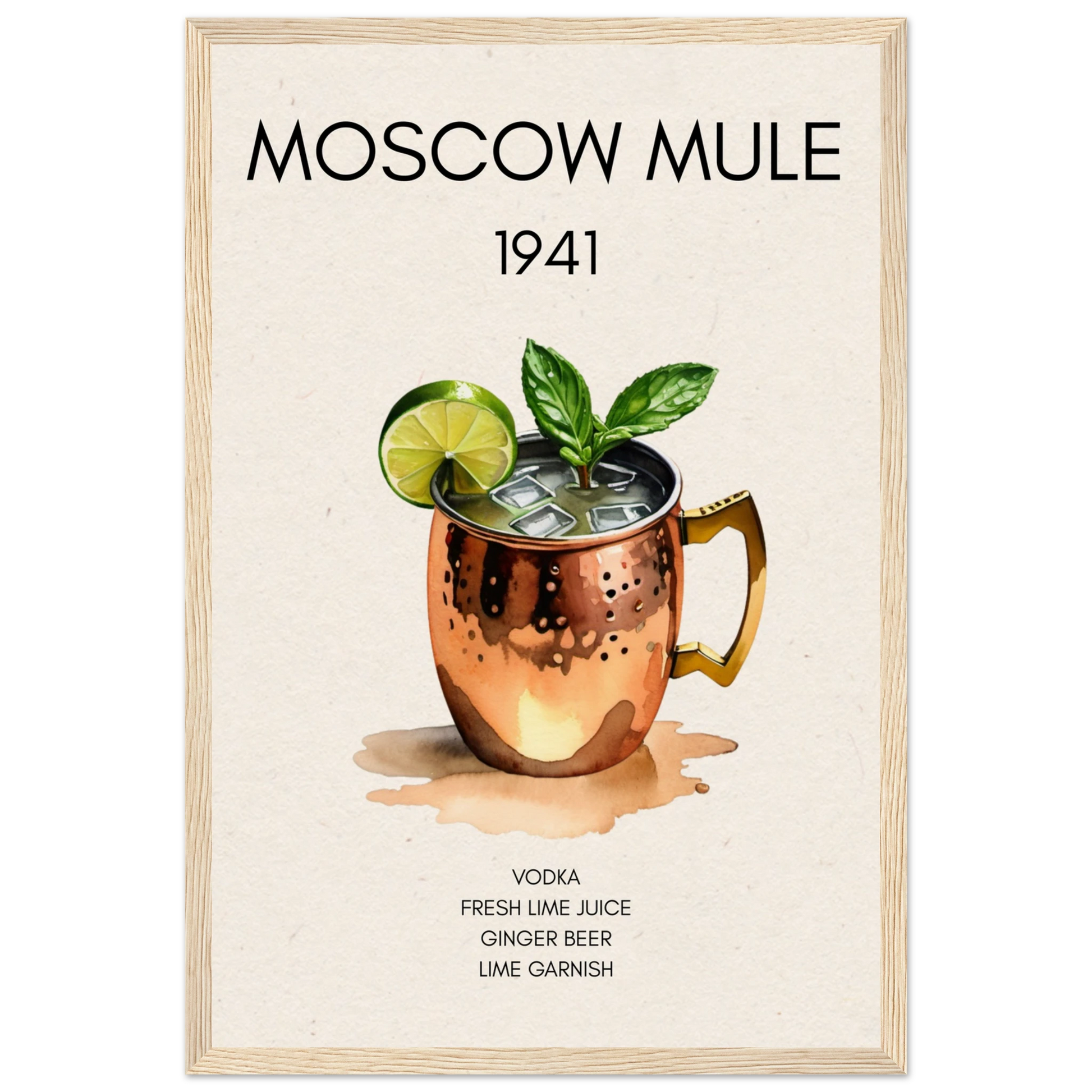Moscow Mule Cocktail Bar Poster Print Light Wood Frame 30x45 cm 12x18″ Museum-Quality Matte Paper Wooden Framed Poster