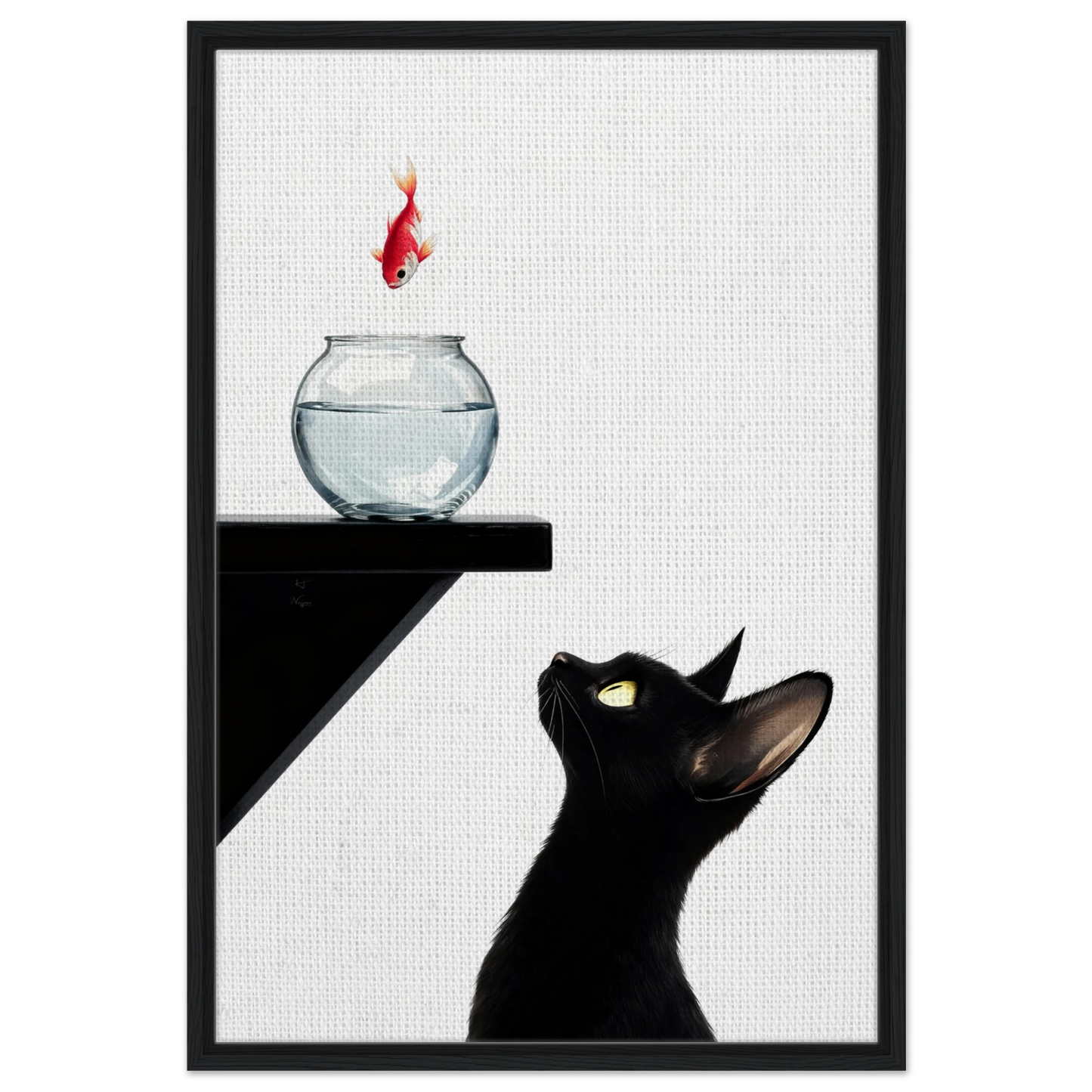 Curious Black Cat Goldfish Minimalist Art Print 60x90 cm 24x36″ Framed Canvas - Black Wood