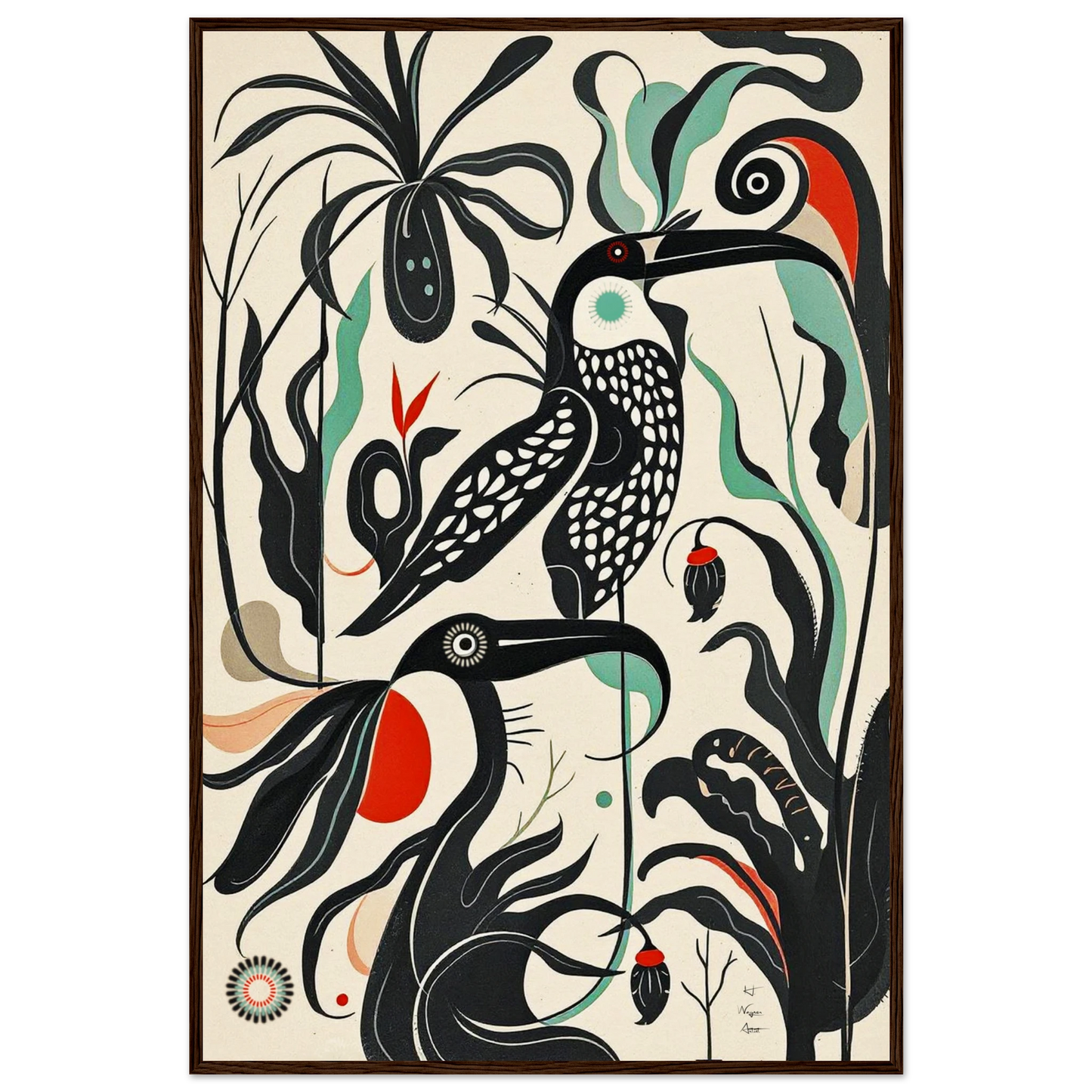 Mid-Century Modern Tropical Bird Art Print Dark Brown Wood Frame 60x90 cm 24x36″ Museum-Quality Matte Wooden Framed Poster