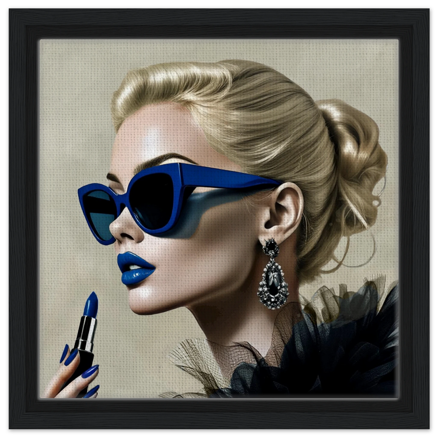 Retro Fashion Model Blue Lipstick Art Print 30x30 cm 12x12″ Framed Canvas