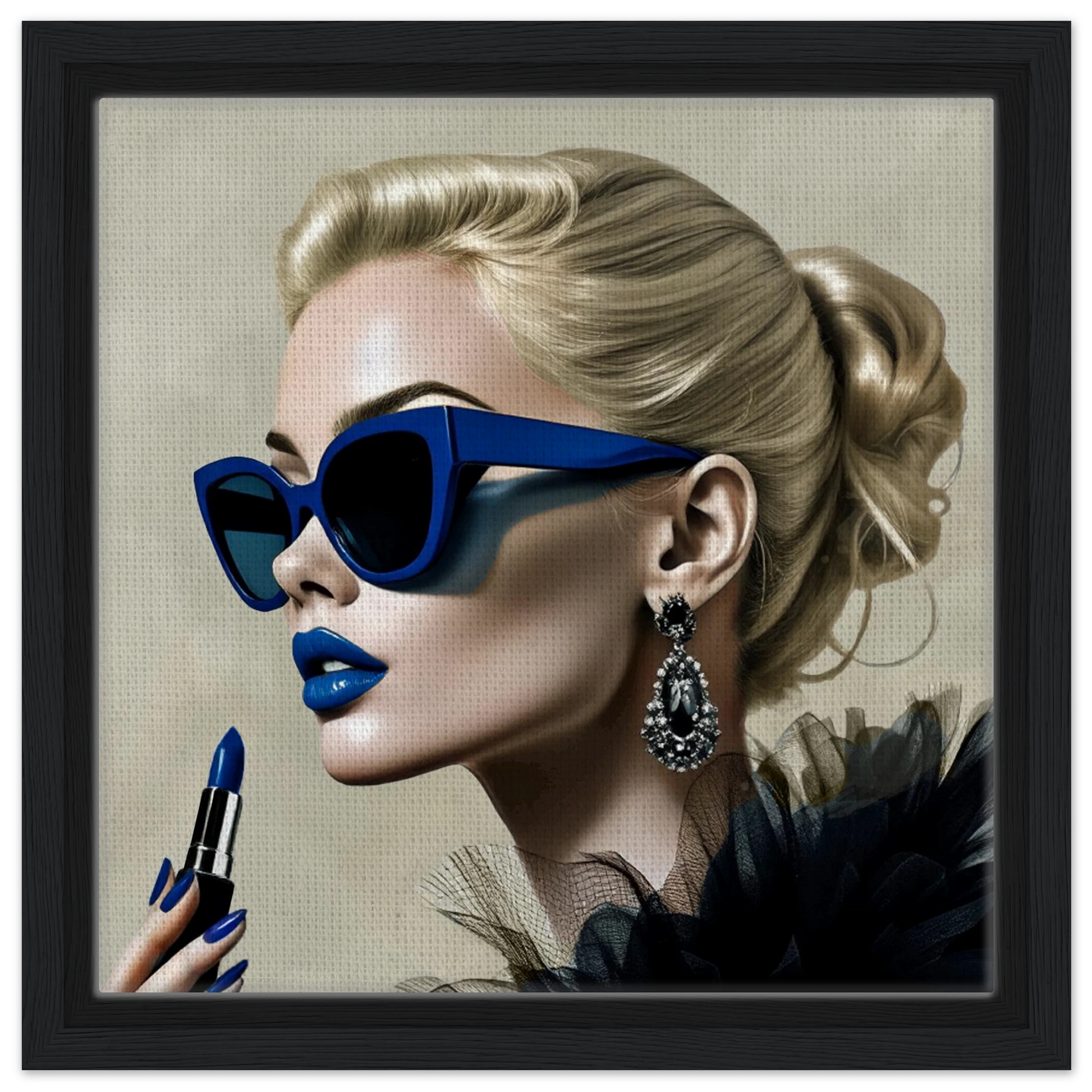 Retro Fashion Model Blue Lipstick Art Print 30x30 cm 12x12″ Framed Canvas