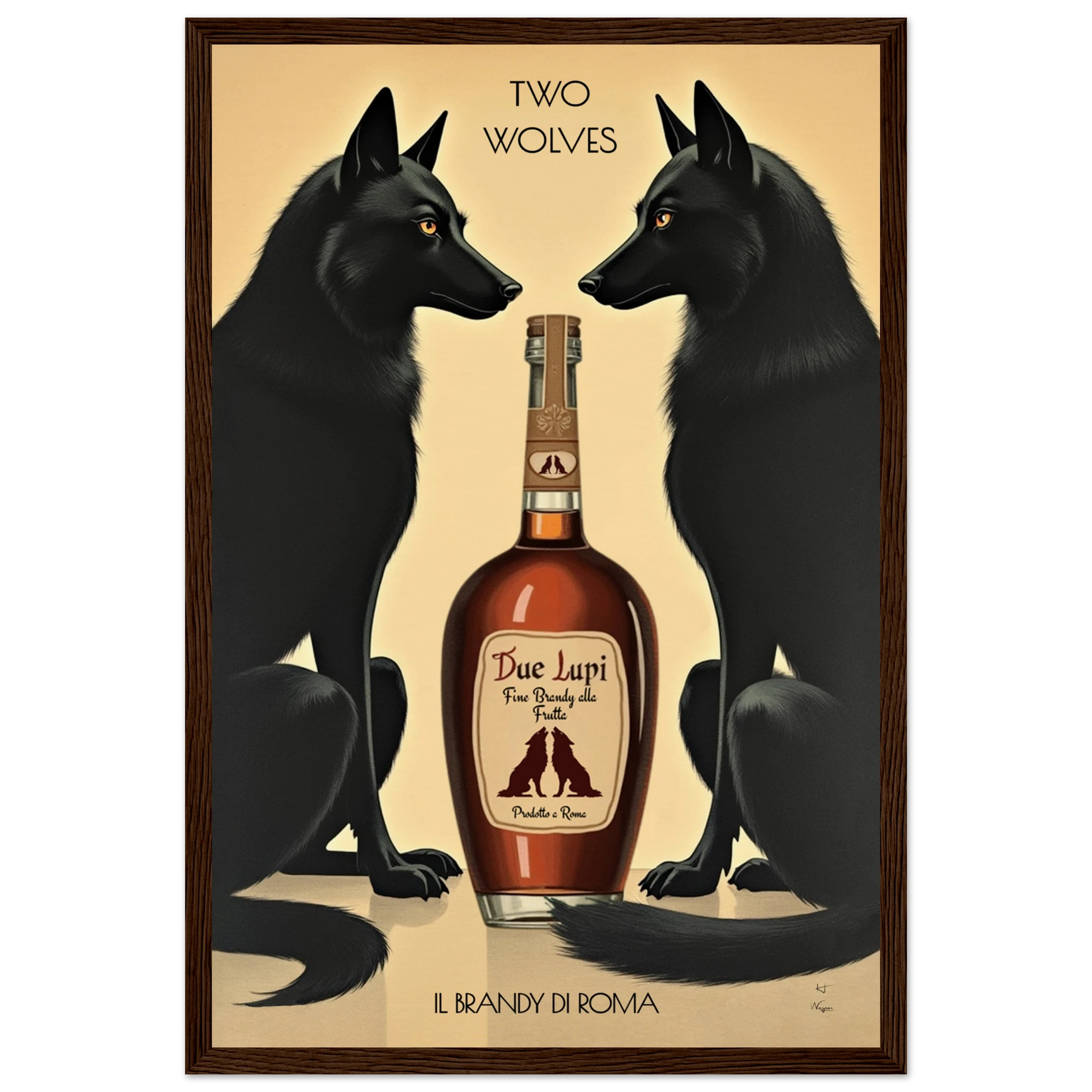 Two Wolves Italian Cocktail Bar Art Print 30x45 cm 12x18″ Museum-Quality Matte Paper Wooden Framed Poster Dark Brown Wood Frame
