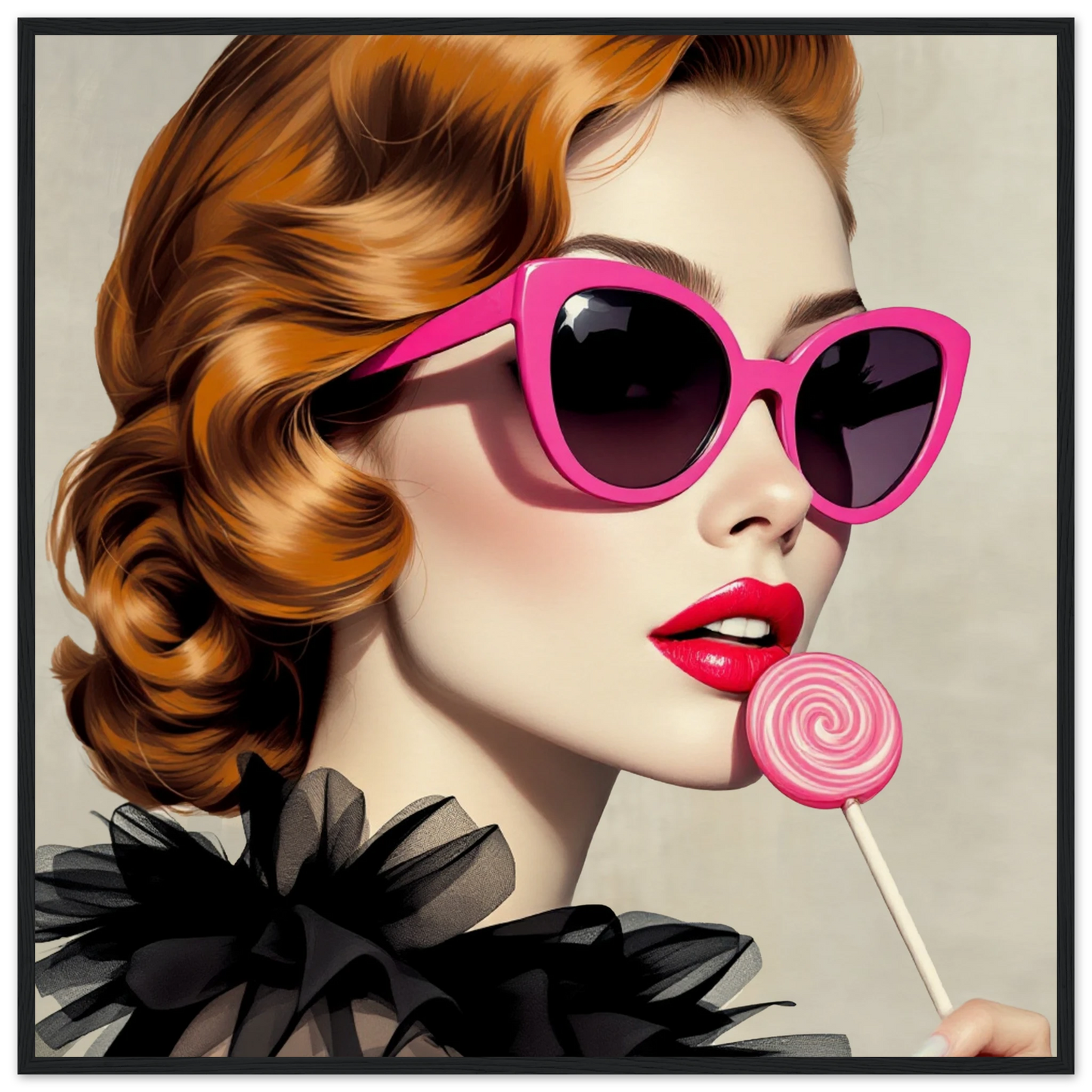 Retro Glam Fashion Model Lollipop Art Print Museum-Quality Matte Paper Wooden Framed Poster 70x70 cm 28x28″