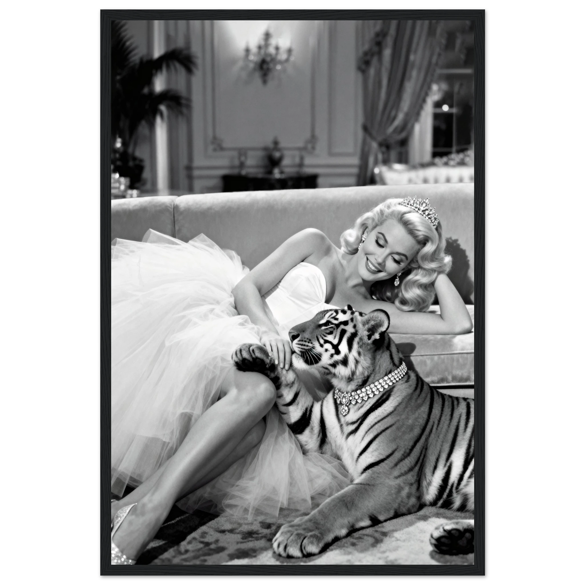 Vintage Hollywood Starlet Tiger Art Print 40x60 cm 16x24″ Premium Matte Framed Poster - Black Wood