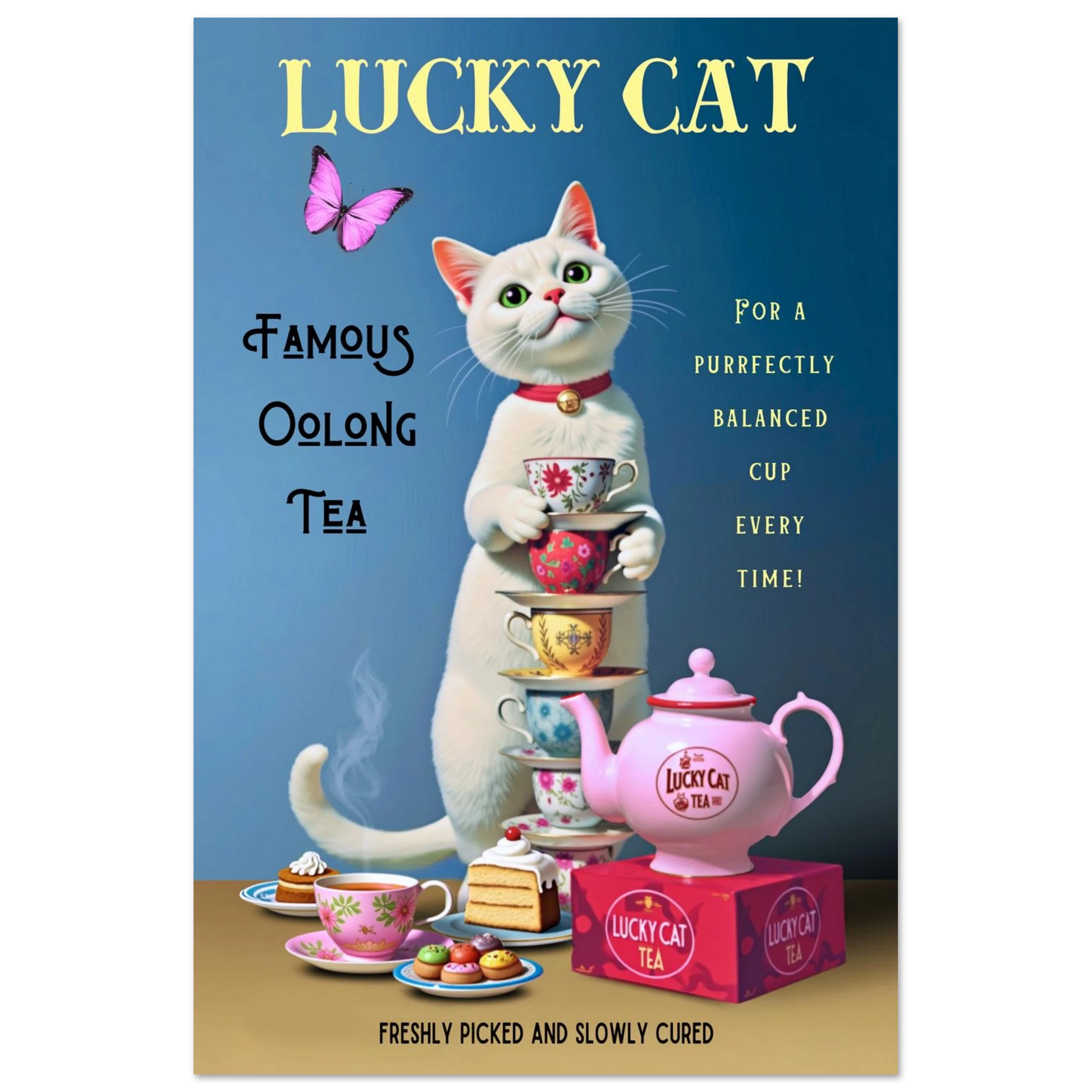 White Lucky Cat Tea Vintage Fine Art Print No Frame 60x90 cm 24x36″ Premium Matte Paper Poster