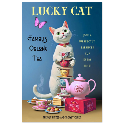 White Lucky Cat Tea Vintage Fine Art Print No Frame 60x90 cm 24x36″ Premium Matte Paper Poster