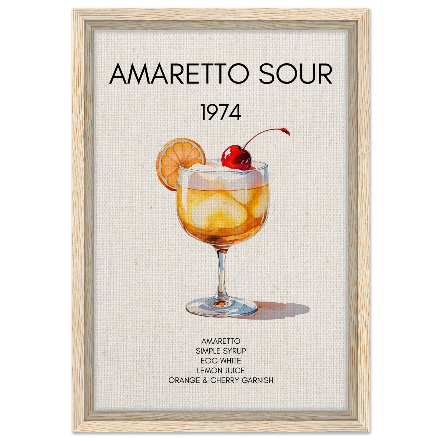 Amaretto Sour Cocktail Bar Art Print Light Wood Frame 30x45 cm 12x18″ Framed Canvas