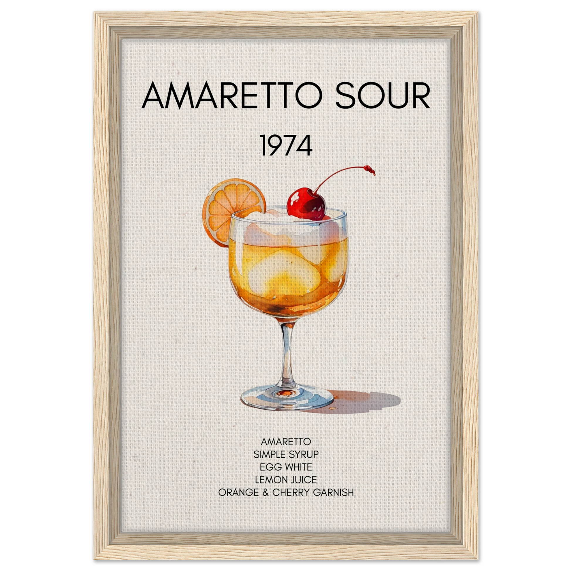 Amaretto Sour Cocktail Bar Art Print Light Wood Frame 30x45 cm 12x18″ Framed Canvas