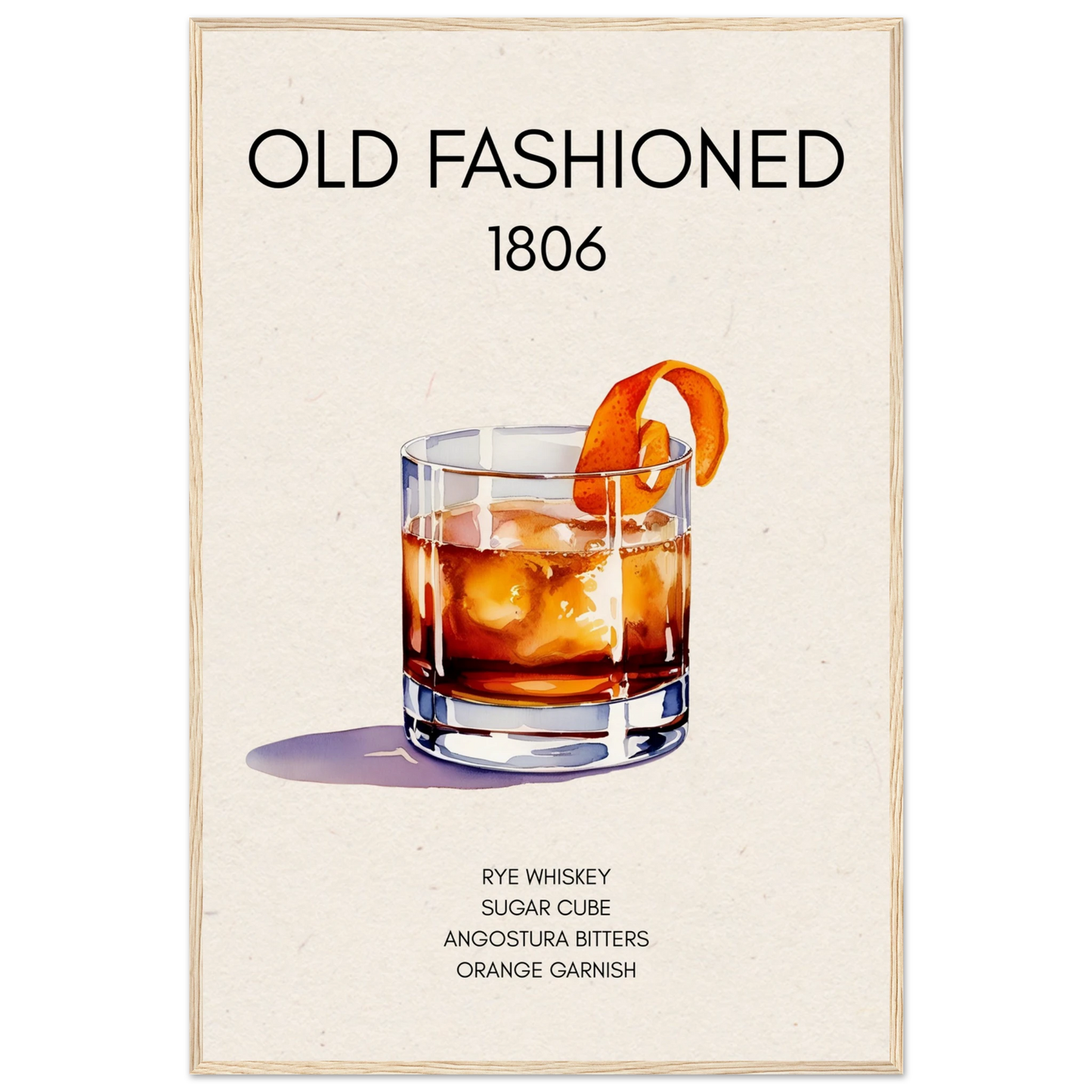 Classic Old Fashioned Cocktail Bar Poster Print Light Wood Frame 60x90 cm 24x36″ Museum-Quality Matte Paper Wooden Framed Poster