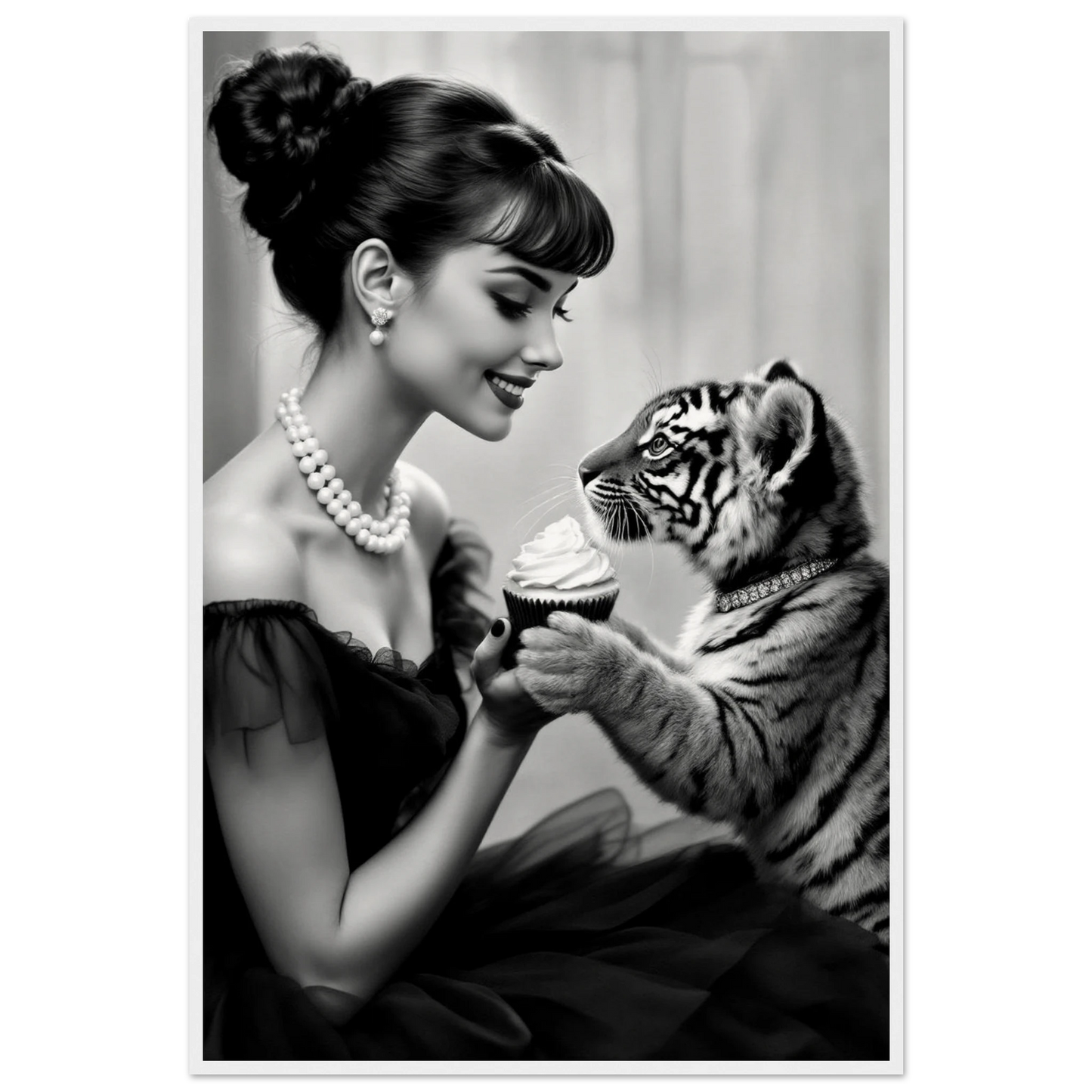 Audrey Hepburn Tiger Cub Art Print White Wood Frame 60x90 cm 24x36″ Museum-Quality Matte Paper Wooden Framed Poster
