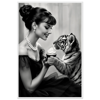 Audrey Hepburn Tiger Cub Art Print White Wood Frame 60x90 cm 24x36″ Museum-Quality Matte Paper Wooden Framed Poster