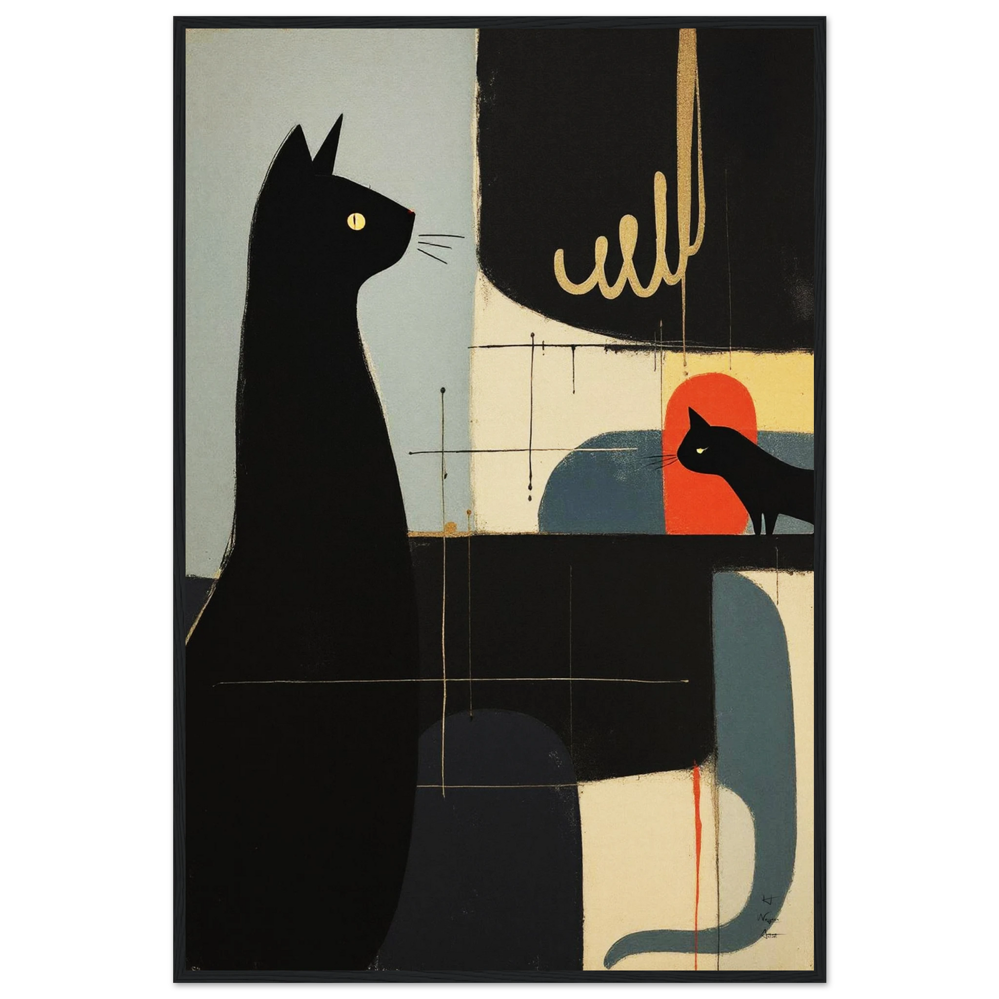 Abstract Cat & Kitten Modern Art Print Black Wood Frame 60x90 cm 24x36″ Museum-Quality Matte Framed Poster