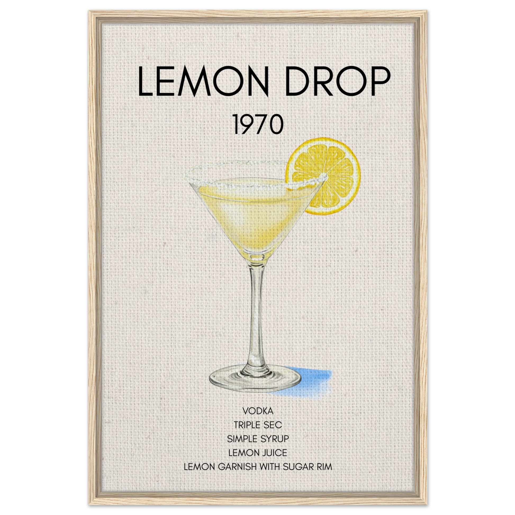 Lemon Drop Martini Cocktail Bar Art Print Light Wood Frame 60x90 cm 24x36″ Framed Canvas