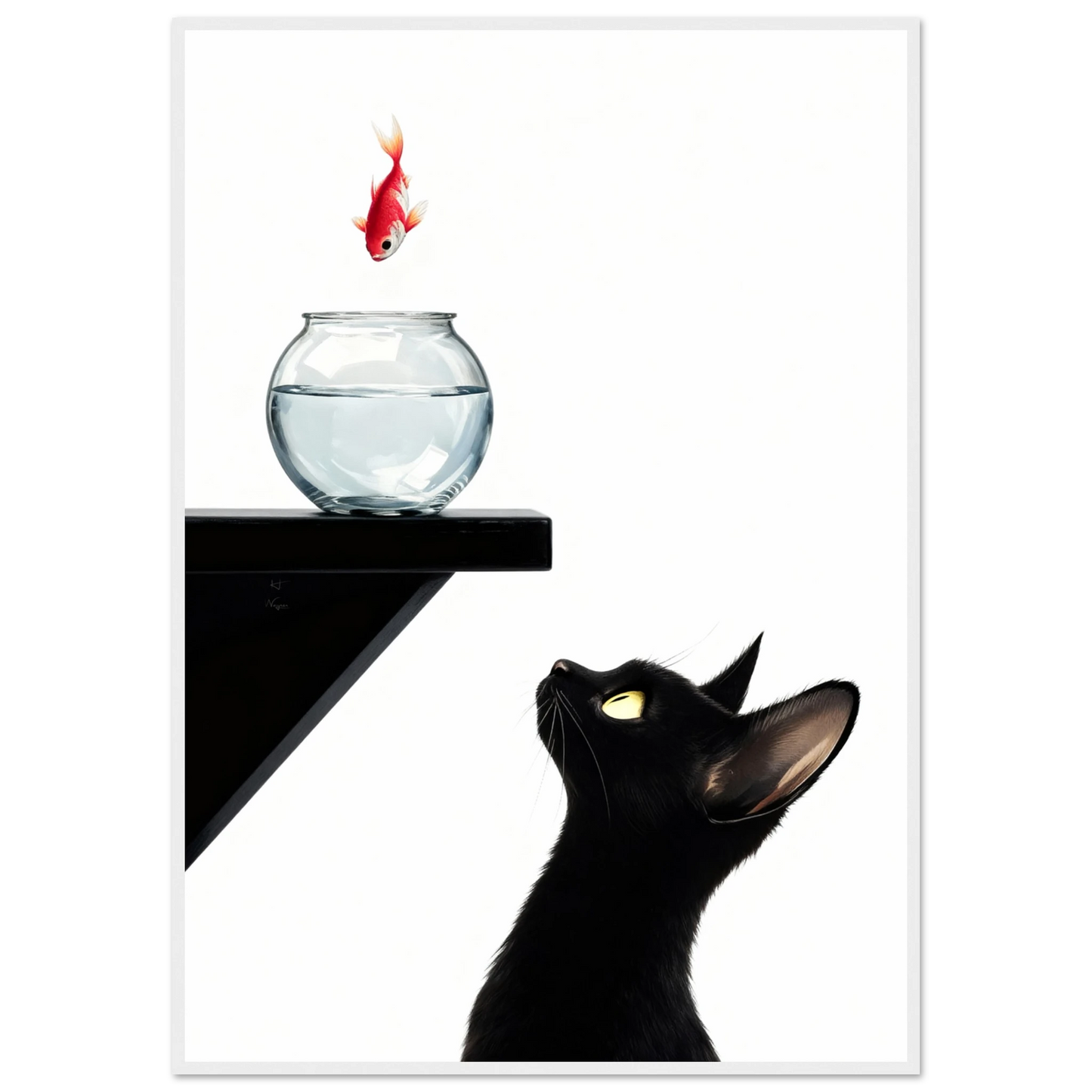 Curious Black Cat Goldfish Minimalist Art Print 70x100 cm 28x40″ Premium Matte Framed Poster - White Wood