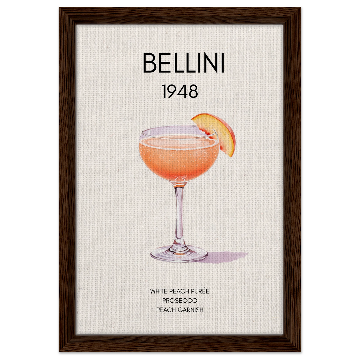 Italian Bellini Cocktail Bar Poster Print 30x45 cm 12x18″ Framed Canvas Dark Brown Wood Frame