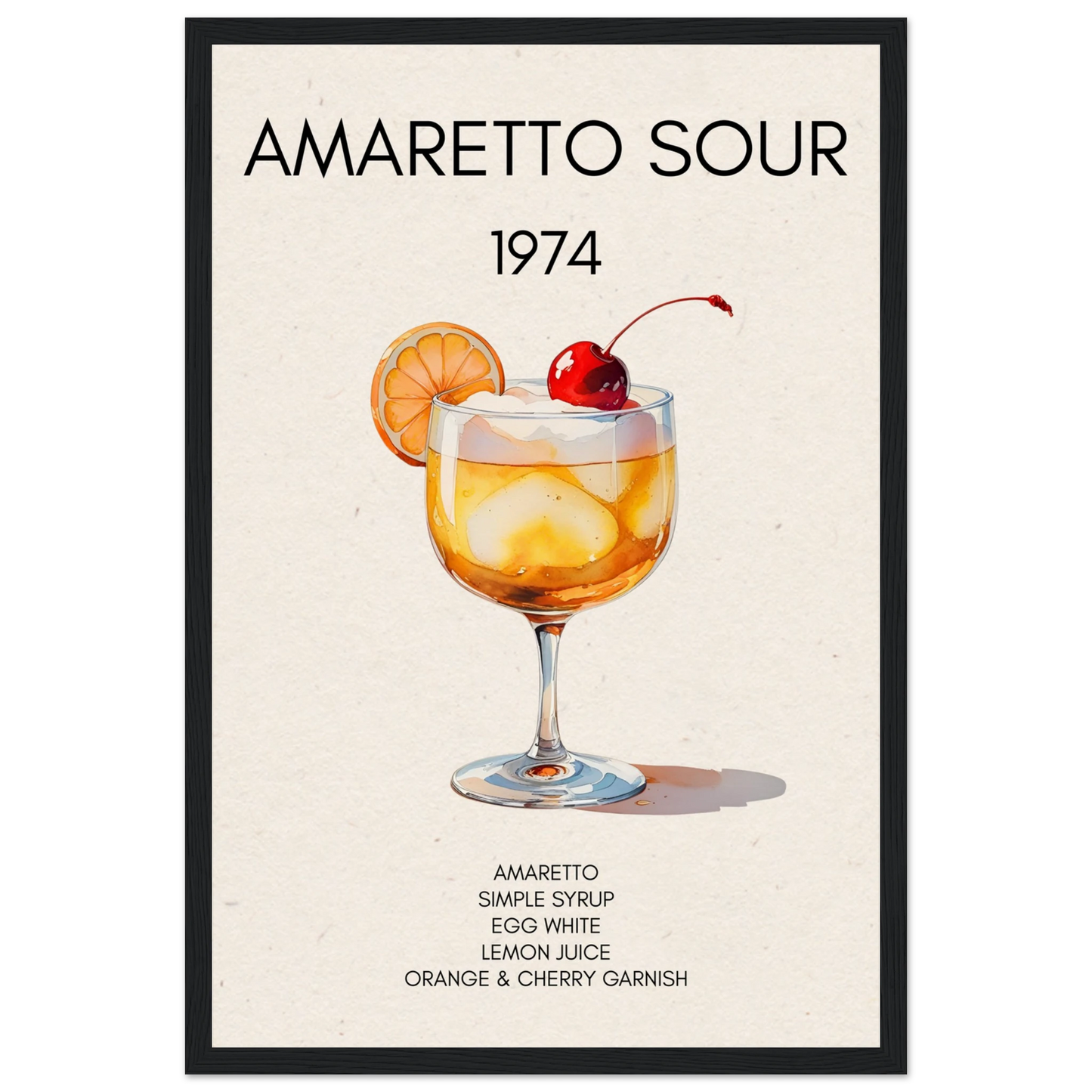 Amaretto Sour Cocktail Bar Art Print Black Wood Frame 30x45 cm 12x18″ Museum-Quality Matte Paper Wooden Framed Poster