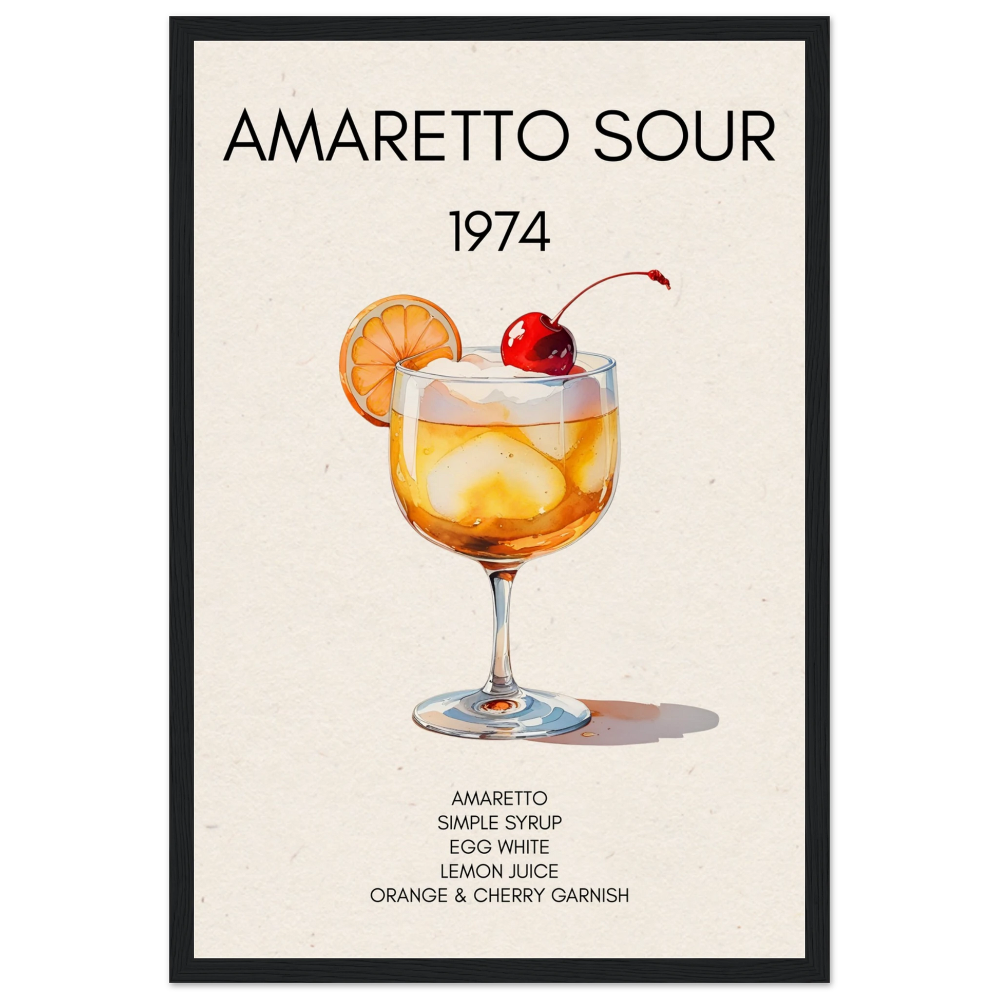 Amaretto Sour Cocktail Bar Art Print Black Wood Frame 30x45 cm 12x18″ Museum-Quality Matte Paper Wooden Framed Poster