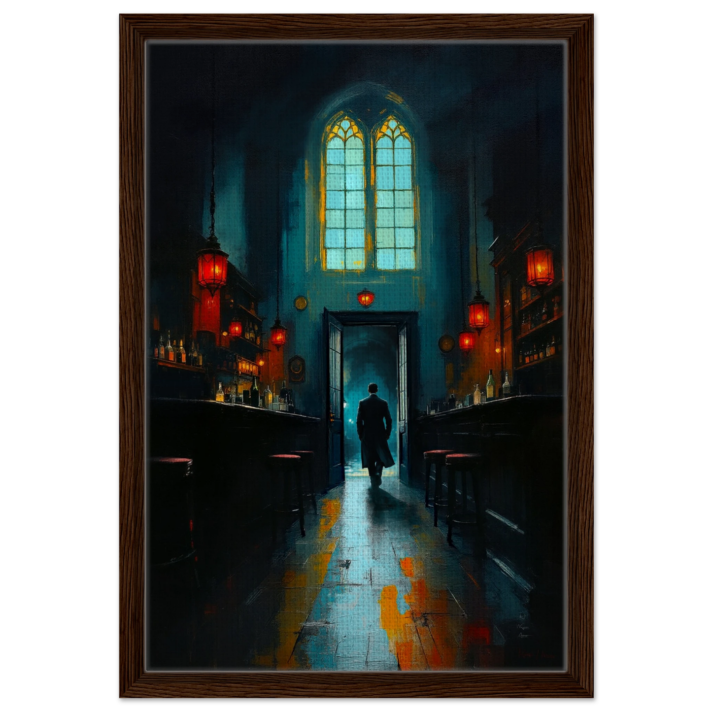 Speakeasy Bootleg Bar Prohibition Art Print Dark Brown Wood Frame 40x60 cm 16x24″ Framed Canvas