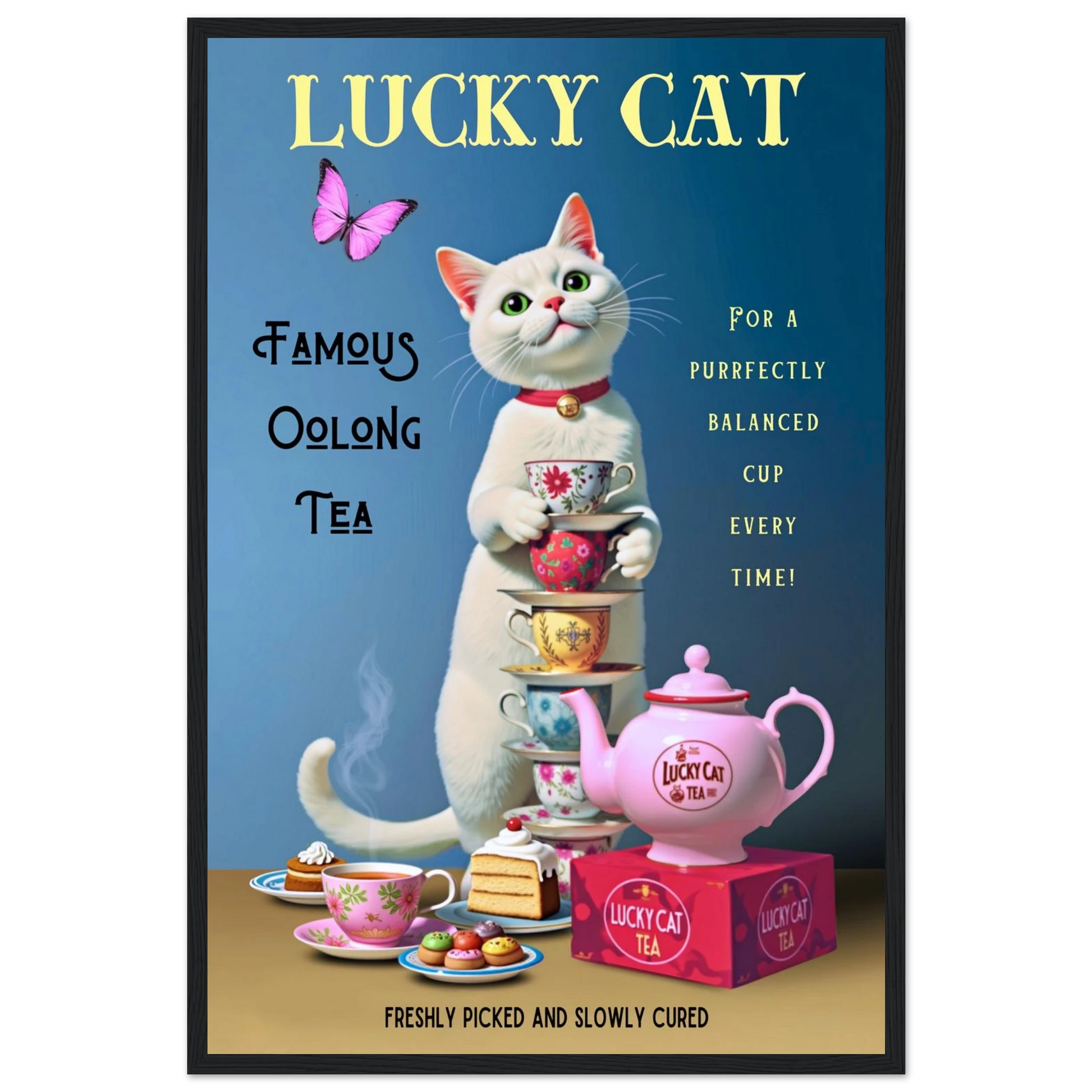 White Lucky Cat Tea Vintage Fine Art Print Black Wood Frame 40x60 cm 16x24″ Premium Matte Paper Wooden Framed Poster
