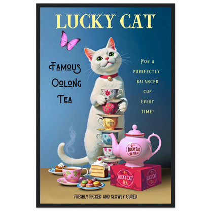White Lucky Cat Tea Vintage Fine Art Print Black Wood Frame 40x60 cm 16x24″ Premium Matte Paper Wooden Framed Poster