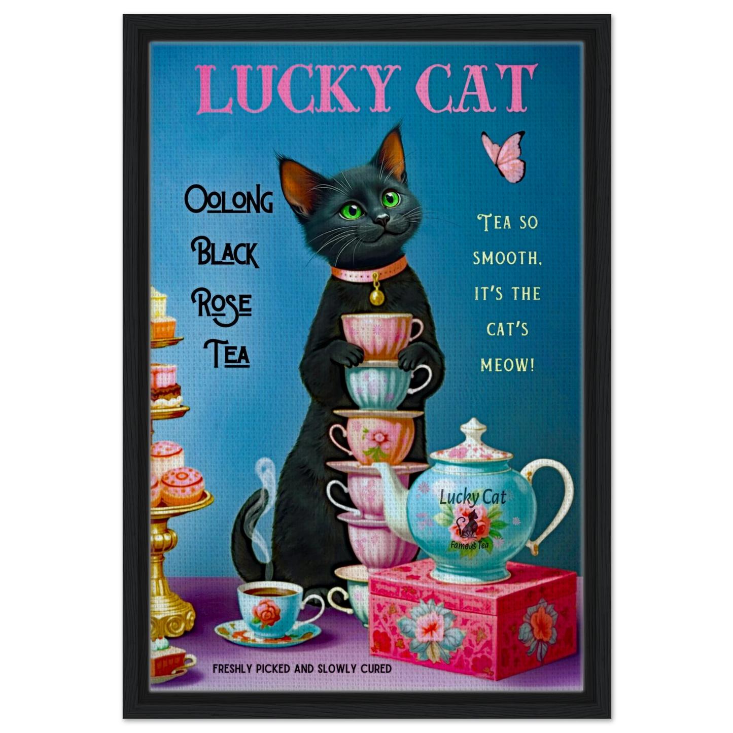 Lucky Cat Vintage Oolong Tea Art Print 40x60 cm 16x24″ Framed Canvas Black Wood frame