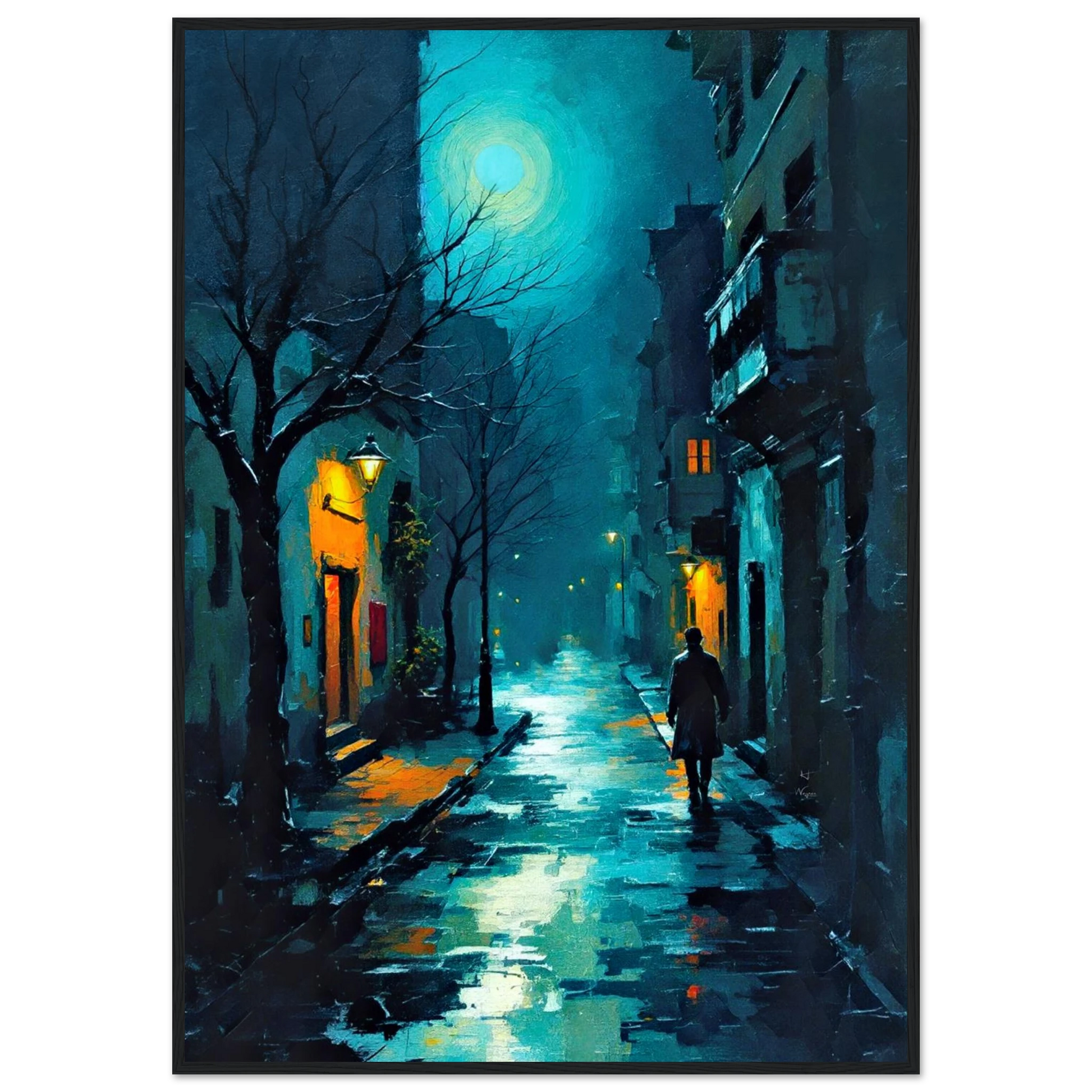 Blue Moon Night Street Scene Art Print 70x100 cm 28x40″ Premium Matte Framed Poster Black Wood Frame