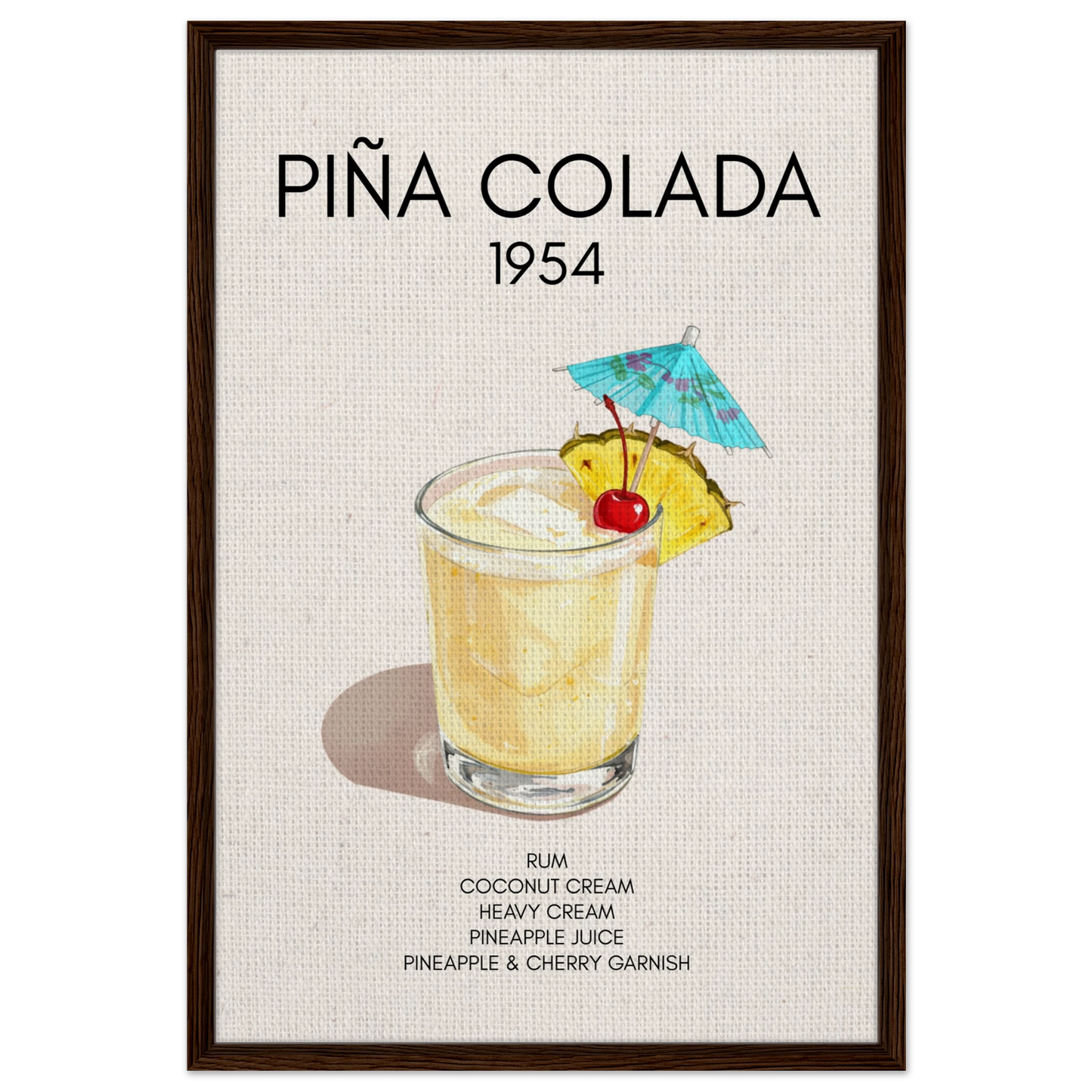 Pina Colada Cocktail Bar Poster Print Dark Brown Wood Frame 60x90 cm 24x36″ Framed Canvas