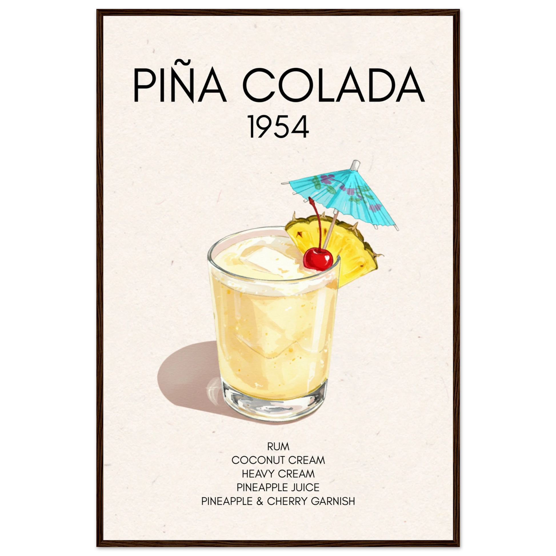 Pina Colada Cocktail Bar Poster Print Dark Brown Wood Frame 60x90 cm 24x36″ Premium Matte Paper Wooden Framed Poster