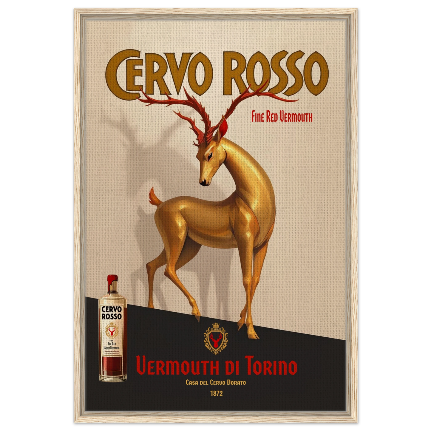 Art Deco Golden Deer Cocktail Bar Poster Print 60x90 cm 24x36″ Framed Canvas Light Wood Frame