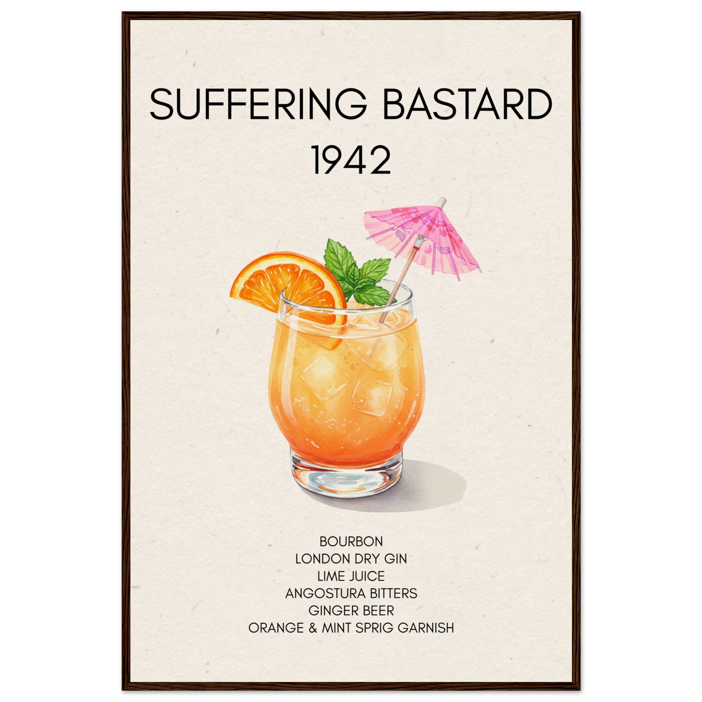Suffering Bastard Tiki Cocktail Bar Poster Print Dark Brown Wood Frame 60x90 cm 24x36″ Museum-Quality Matte Paper Wooden Framed Poster