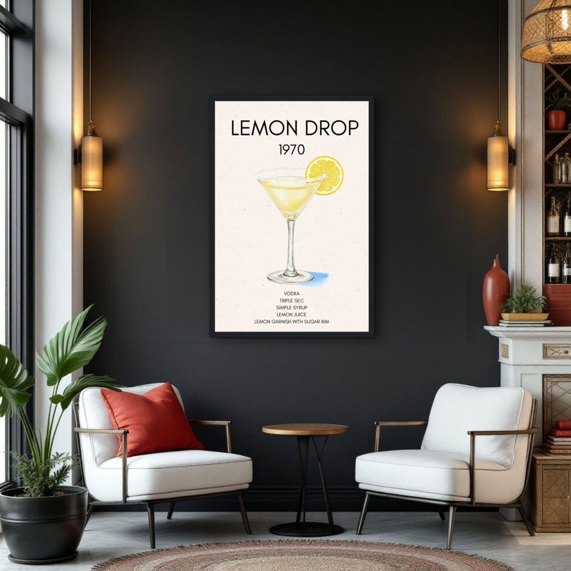 Lemon Drop Martini Cocktail Bar Poster Print Dark Brown Wood Frame 60x90 cm 24x36″ Framed Canvas